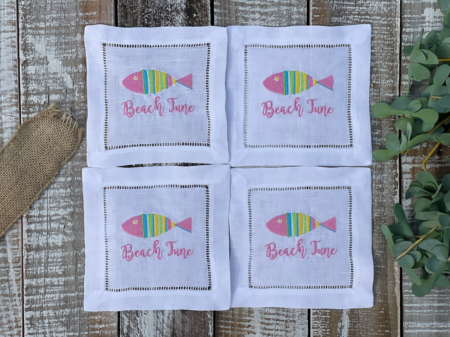 Custom Embroidered, Personalized, Monogrammed Linen Hemstitch Cocktail Napkins Set of 4