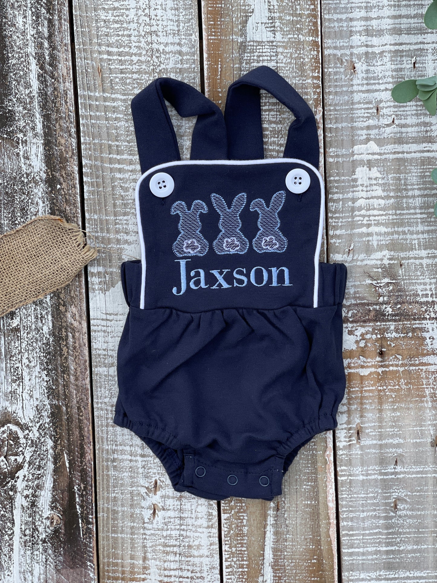 Custom Embroidered, Monogrammed, Personalized Bunny Trio Sketch Navy, White, or Blue Bubble