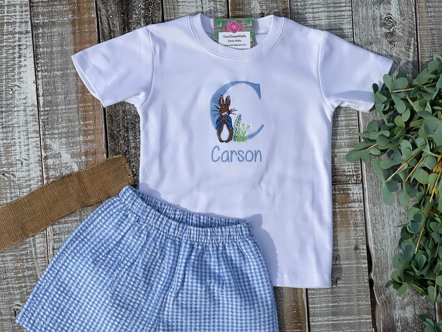 Custom Embroidered, Monogrammed, Personalized Peter Rabbit Letter Shirt and Blue Seersucker Gingham Short Set