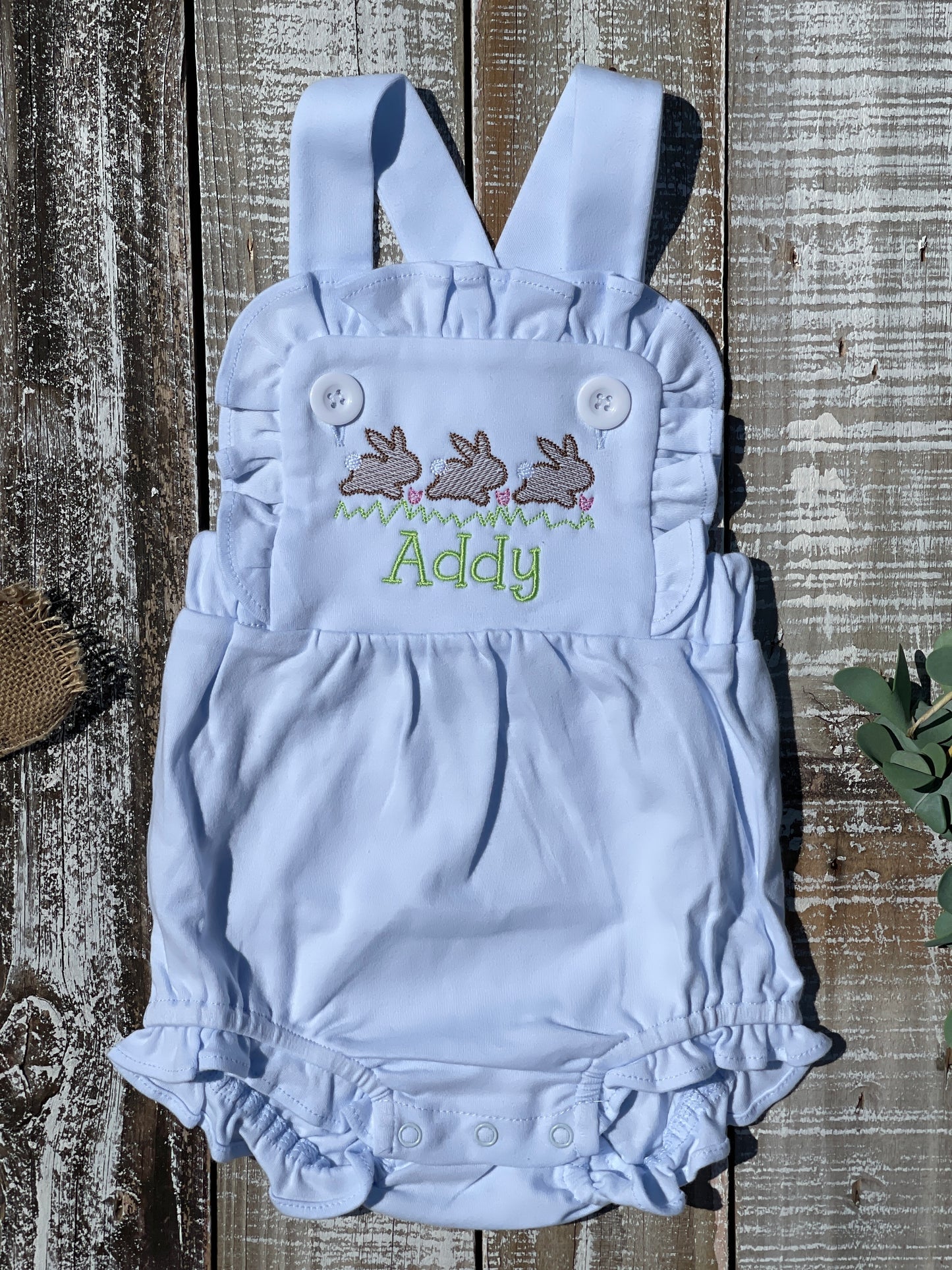 Custom Embroidered, Monogrammed, Personalized Bunny Running Trio Sketch Ruffle Pink, White, or Blue Bubble