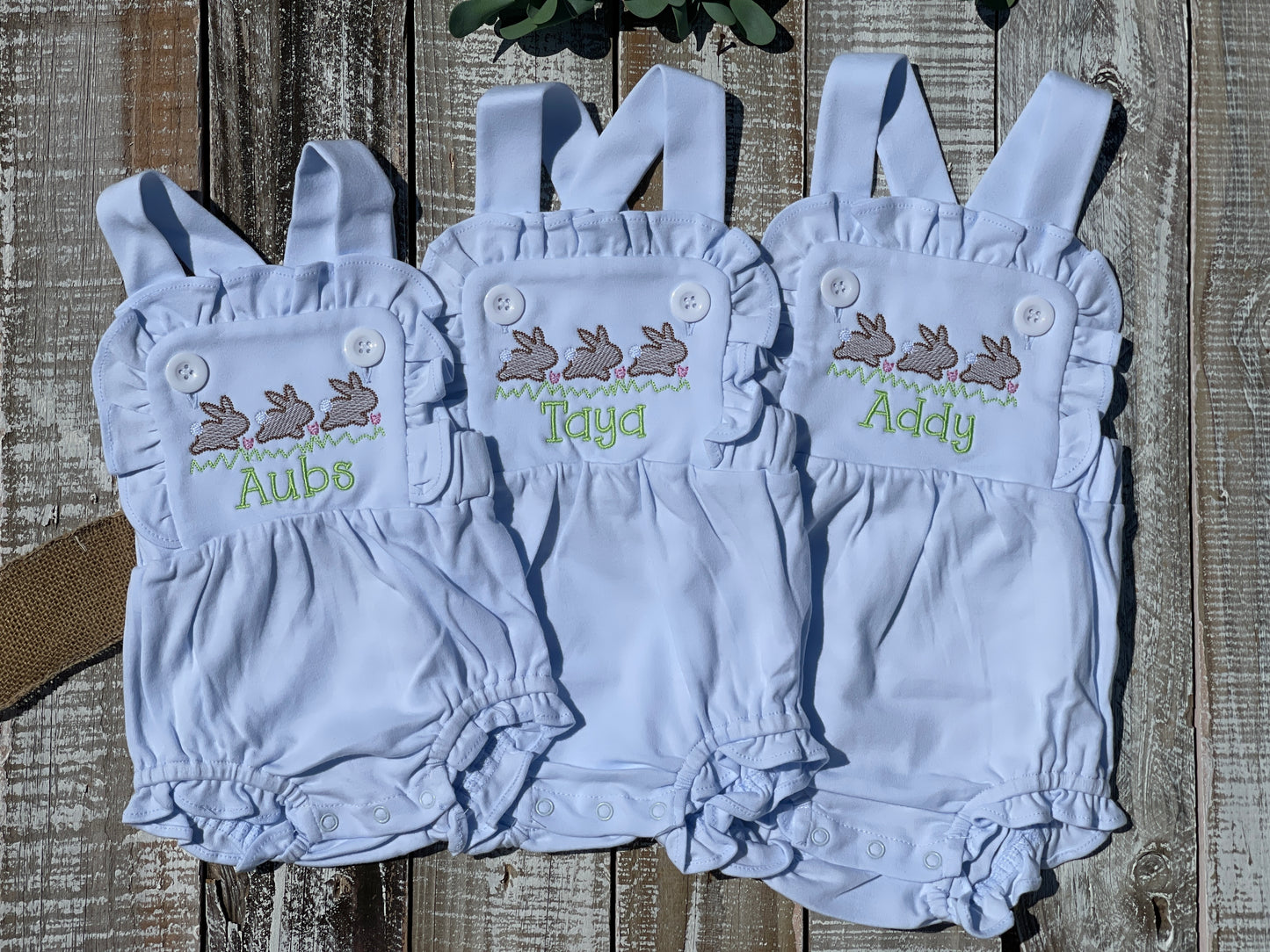 Custom Embroidered, Monogrammed, Personalized Bunny Running Trio Sketch Ruffle Pink, White, or Blue Bubble