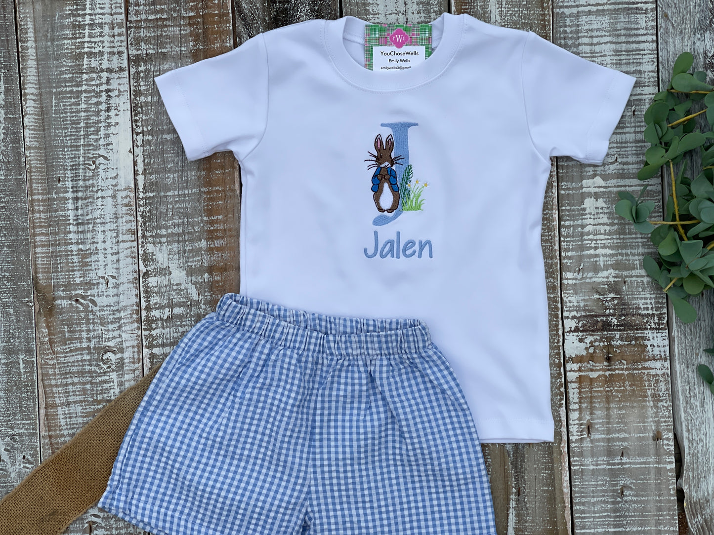 Custom Embroidered, Monogrammed, Personalized Peter Rabbit Letter Shirt and Blue Seersucker Gingham Short Set