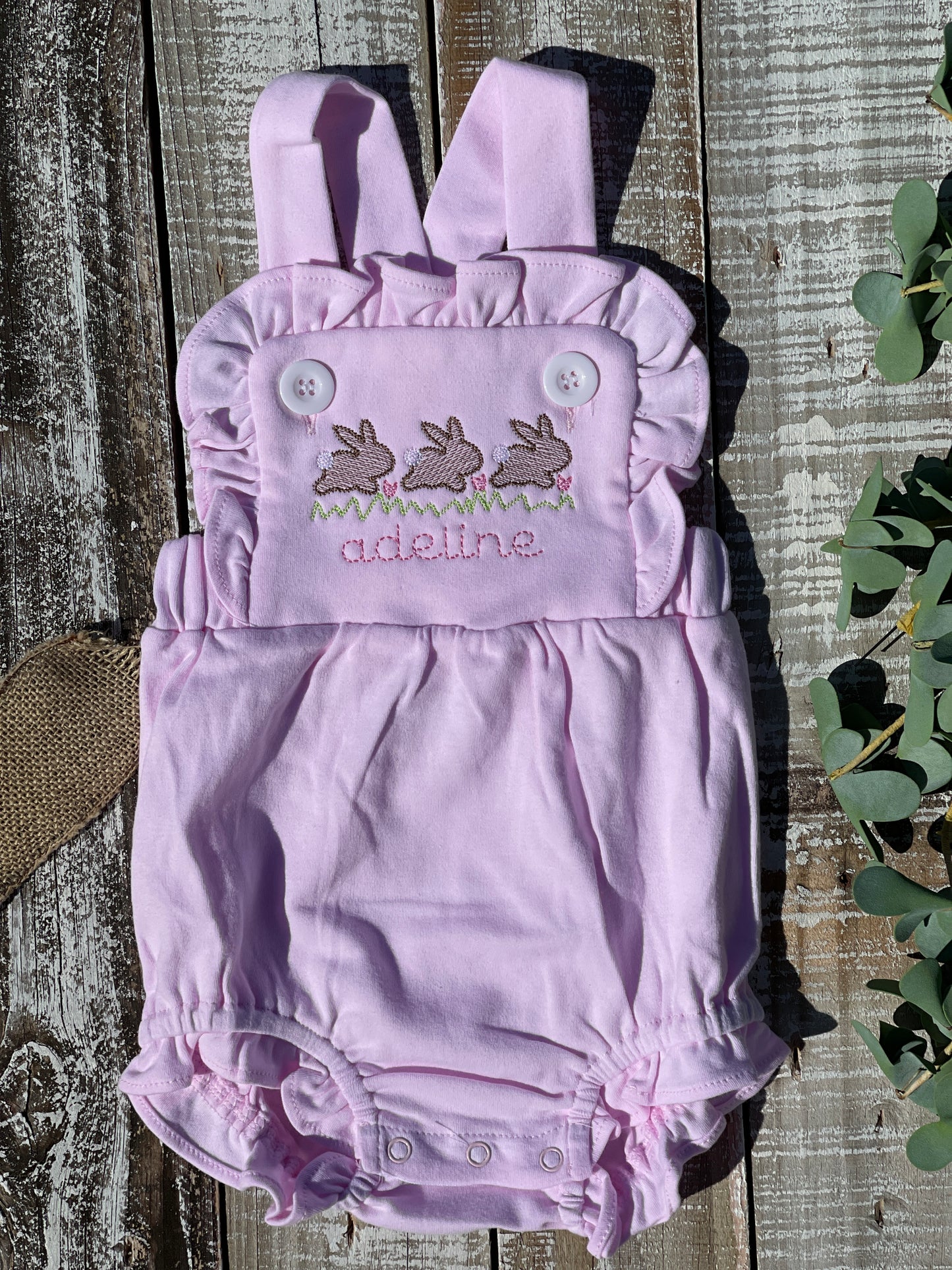 Custom Embroidered, Monogrammed, Personalized Bunny Running Trio Sketch Ruffle Pink, White, or Blue Bubble