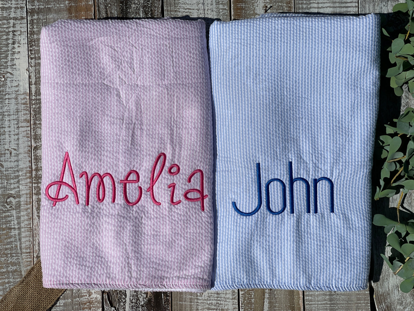 Custom Embroidered, Personalized, Monogrammed Seersucker Towel and Seersucker Puddle Jumper