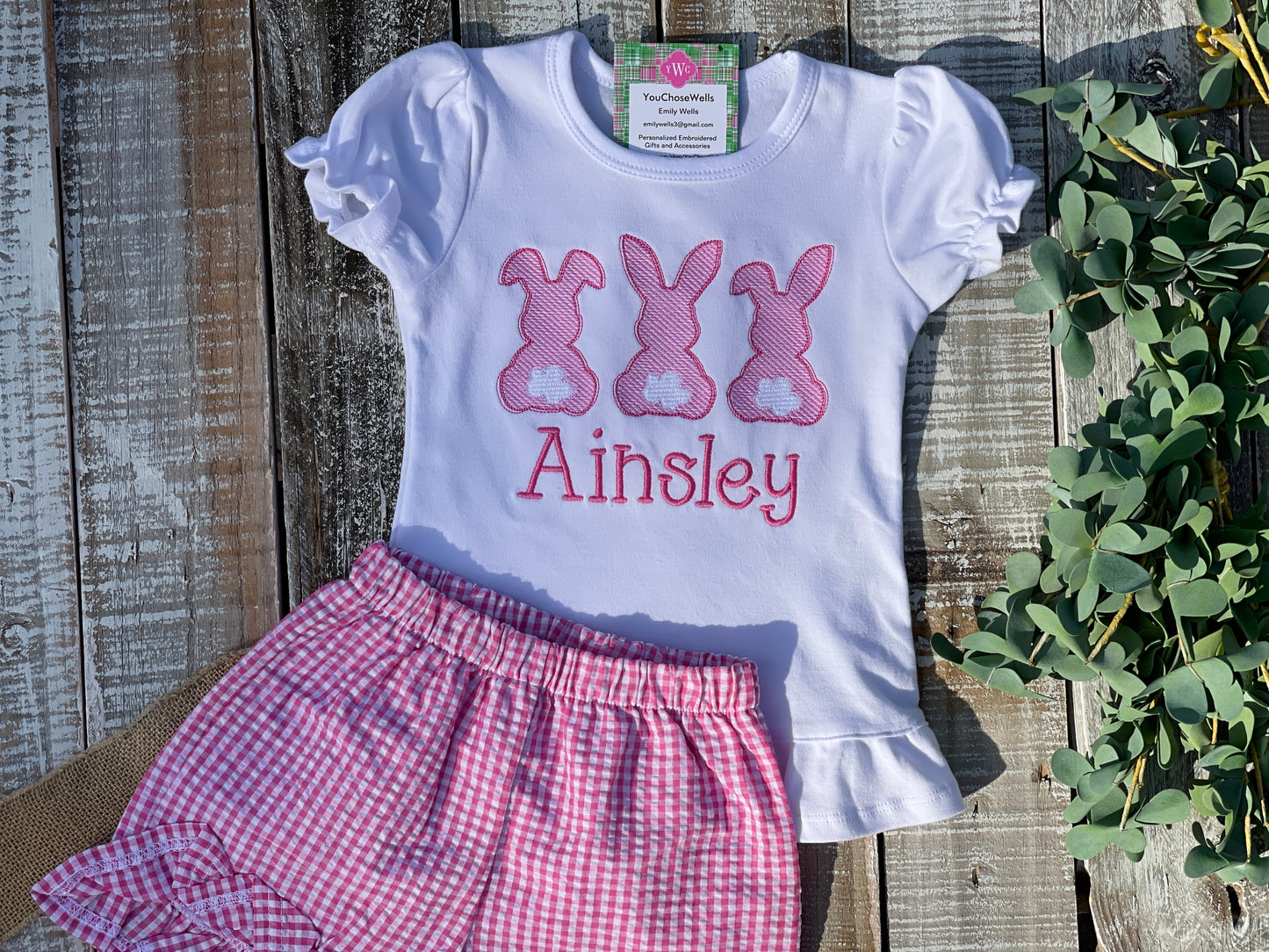 Custom Embroidered, Monogrammed, Personalized Bunny Trio Sketch Ruffle Shirt and Pink Seersucker Gingham Short Set