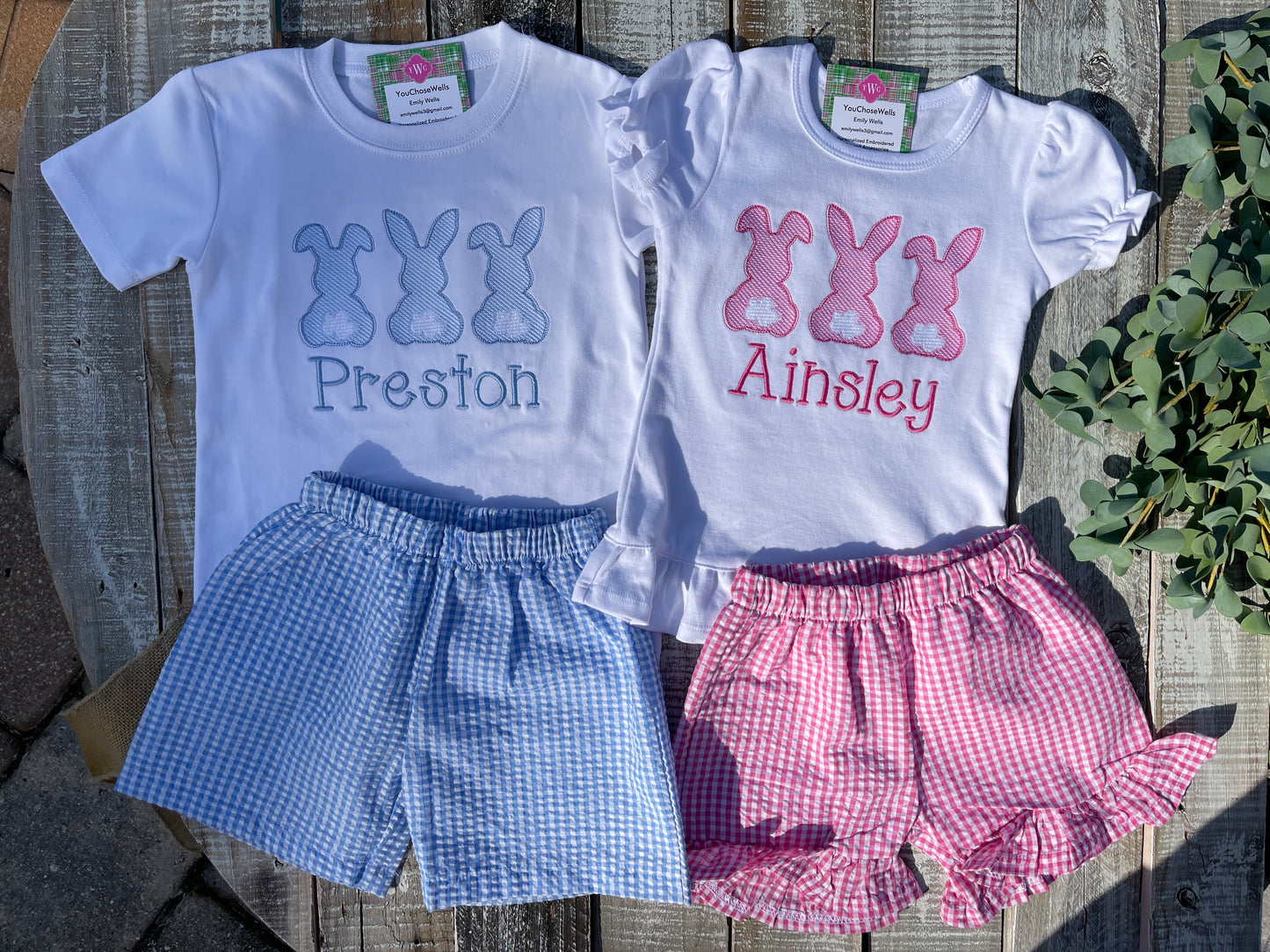 Custom Embroidered, Monogrammed, Personalized Bunny Trio Sketch Ruffle Shirt and Pink Seersucker Gingham Short Set