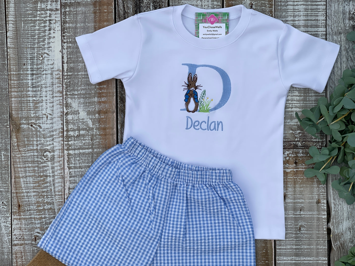 Custom Embroidered, Monogrammed, Personalized Peter Rabbit Letter Shirt and Blue Seersucker Gingham Short Set