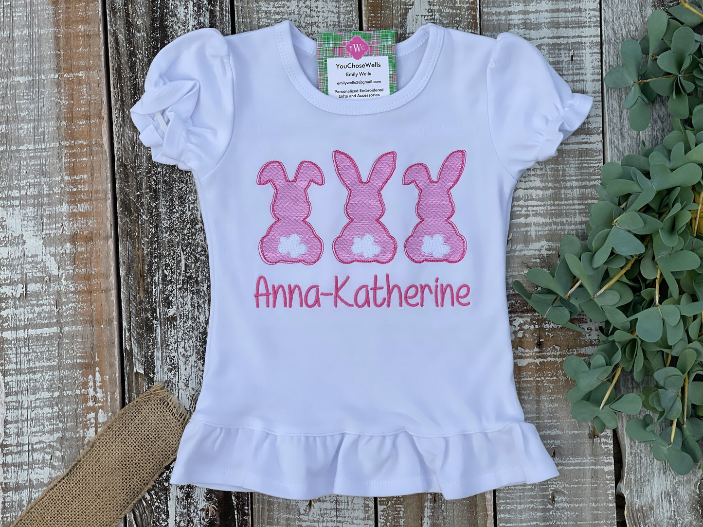 Custom Embroidered, Monogrammed, Personalized Bunny Trio Sketch Ruffle Shirt and Pink Seersucker Gingham Short Set