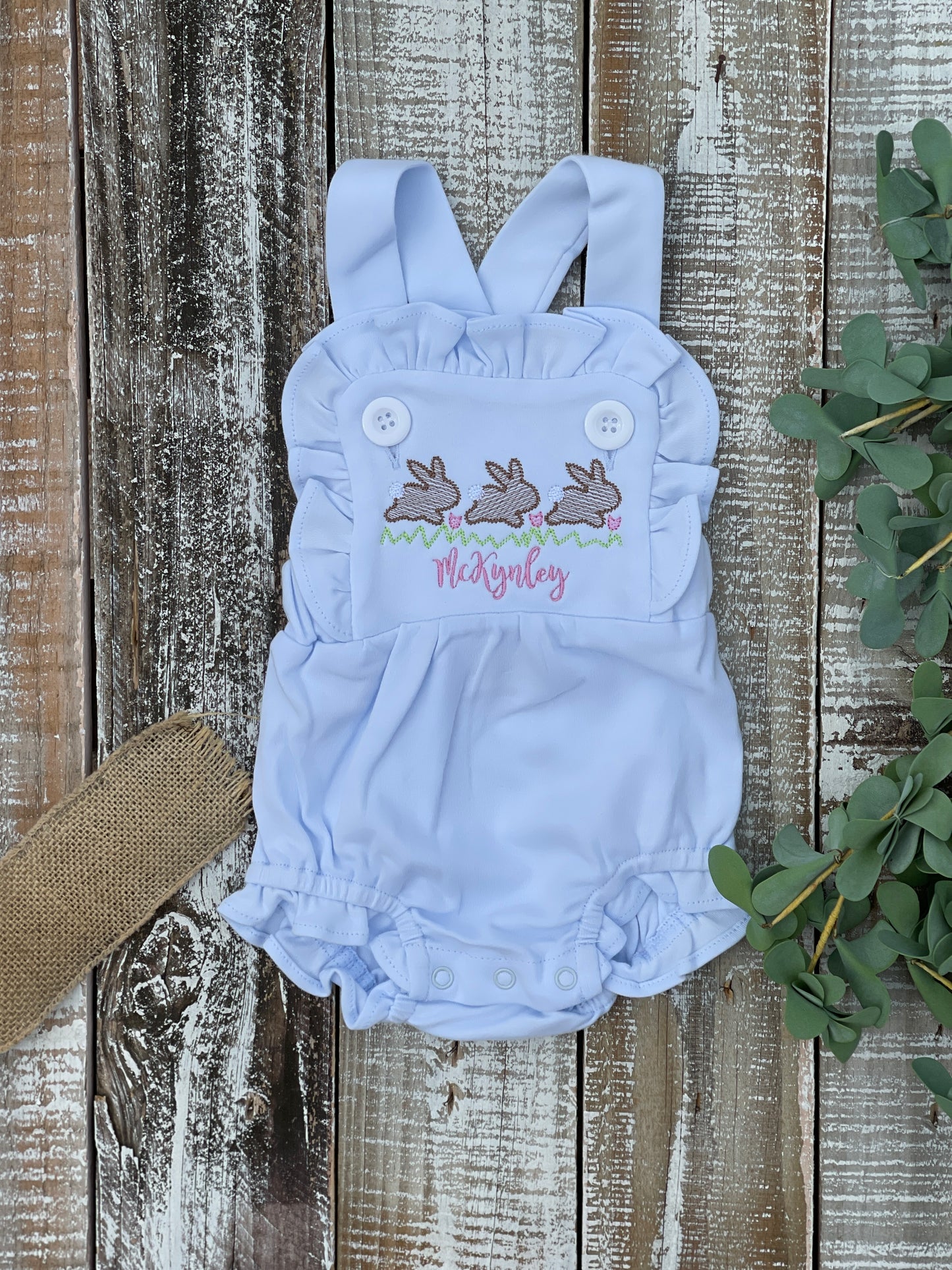 Custom Embroidered, Monogrammed, Personalized Bunny Running Trio Sketch Ruffle Pink, White, or Blue Bubble