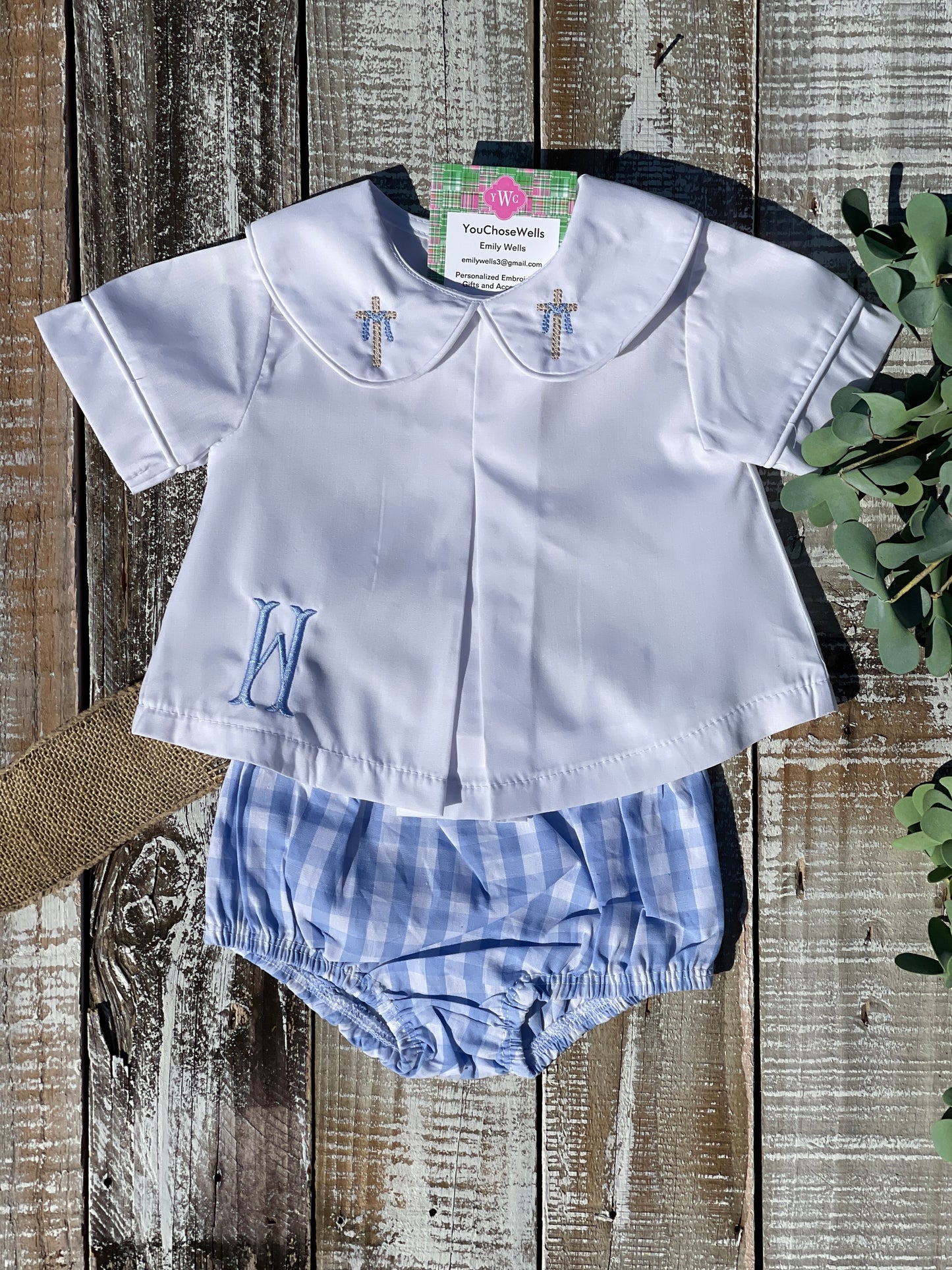 Custom Embroidered, Monogrammed, Personalized Spring Mini Pleated Peter Pan Collar Shirt and Diaper Cover Set