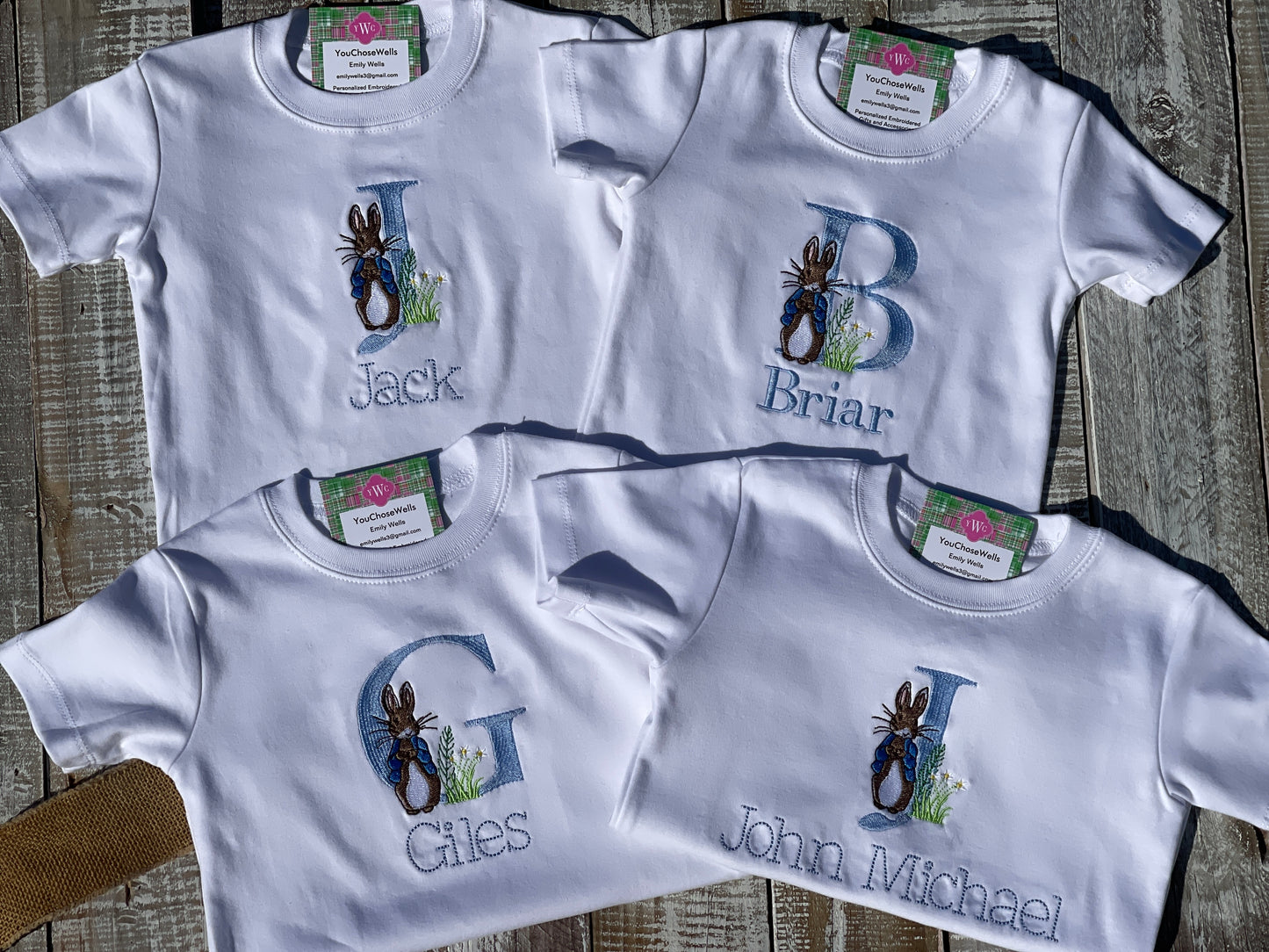 Custom Embroidered, Monogrammed, Personalized Peter Rabbit Letter Shirt and Blue Seersucker Gingham Short Set