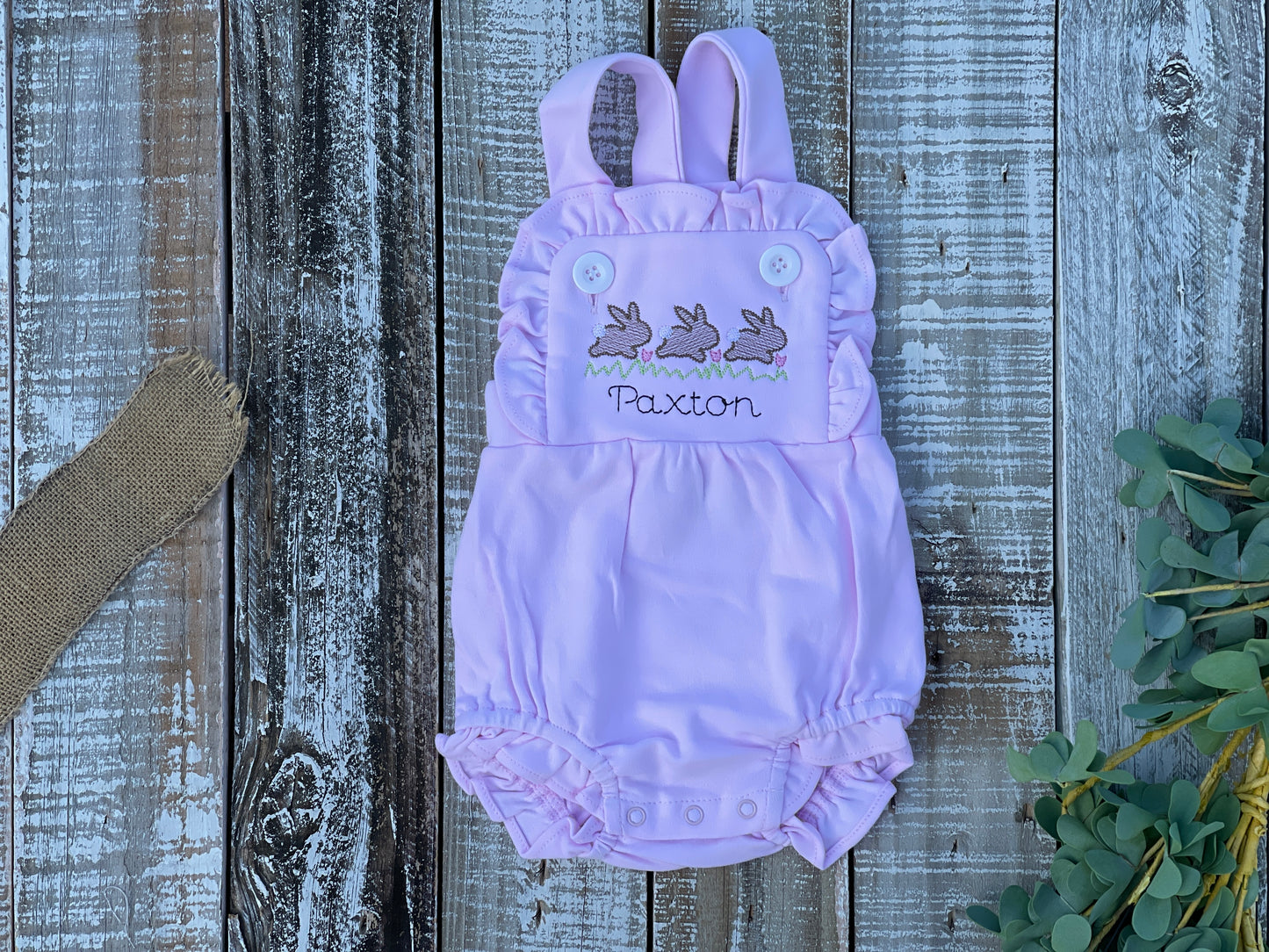 Custom Embroidered, Monogrammed, Personalized Bunny Running Trio Sketch Ruffle Pink, White, or Blue Bubble