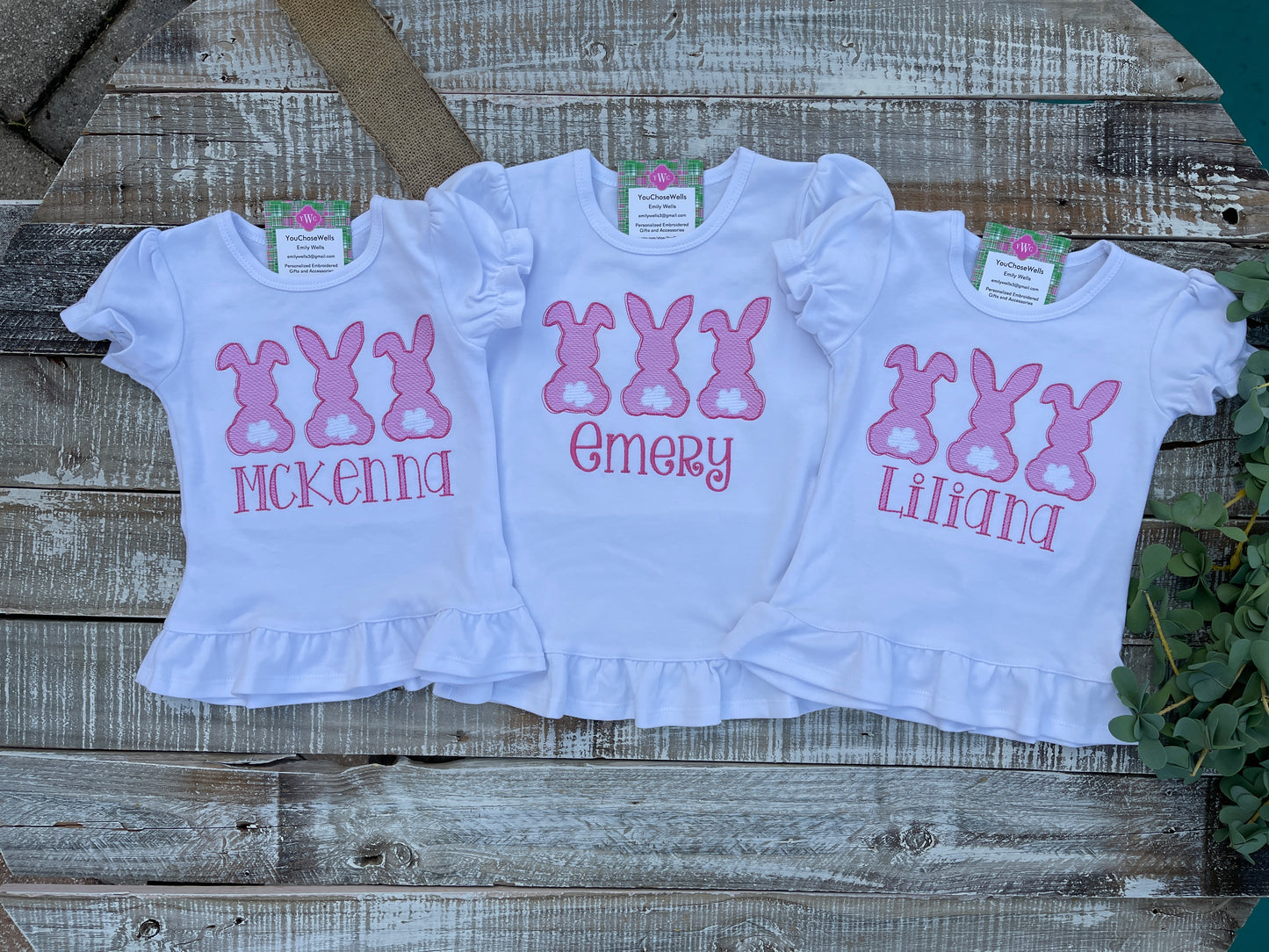 Custom Embroidered, Monogrammed, Personalized Bunny Trio Sketch Ruffle Shirt and Pink Seersucker Gingham Short Set