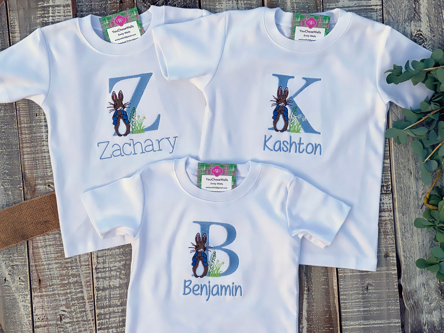 Custom Embroidered, Monogrammed, Personalized Peter Rabbit Letter Shirt and Blue Seersucker Gingham Short Set