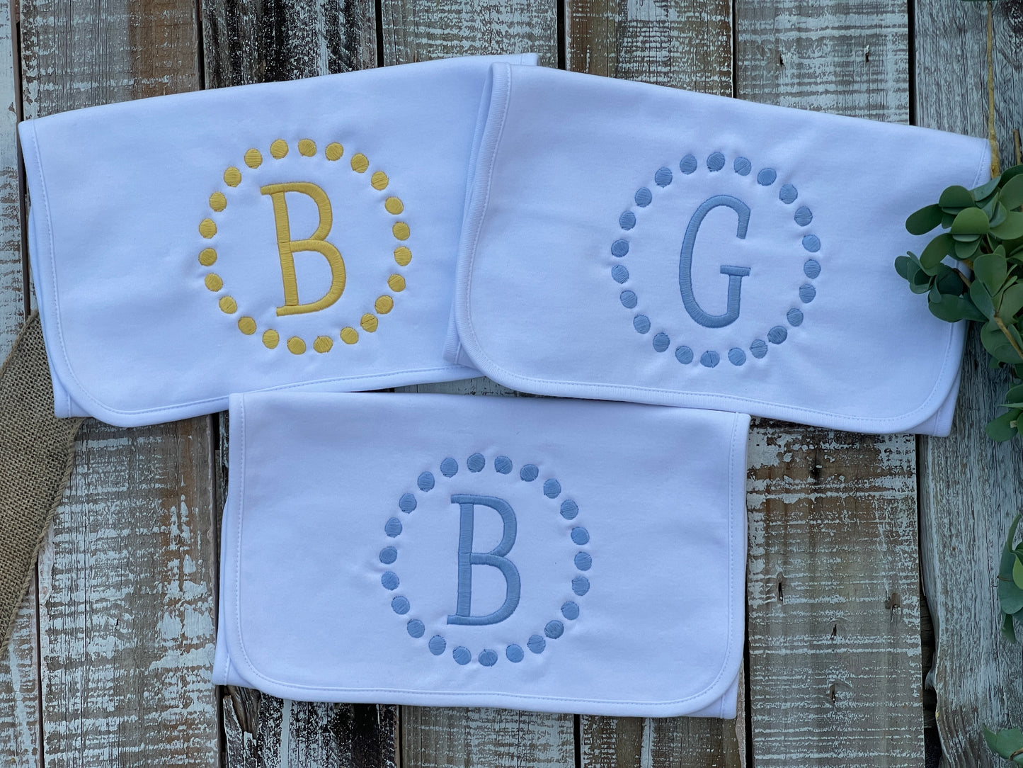Custom Embroidered, Personalized, Monogrammed Bib, Burp, and/or Blanket Set