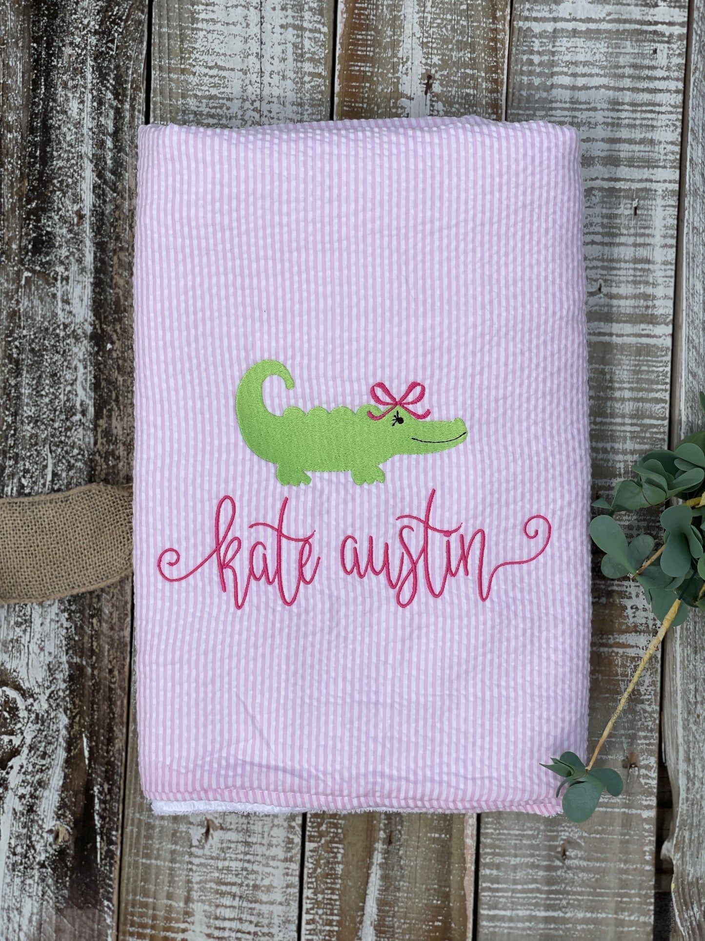 Custom Embroidered, Personalized, Monogrammed Seersucker Towel and Seersucker Puddle Jumper