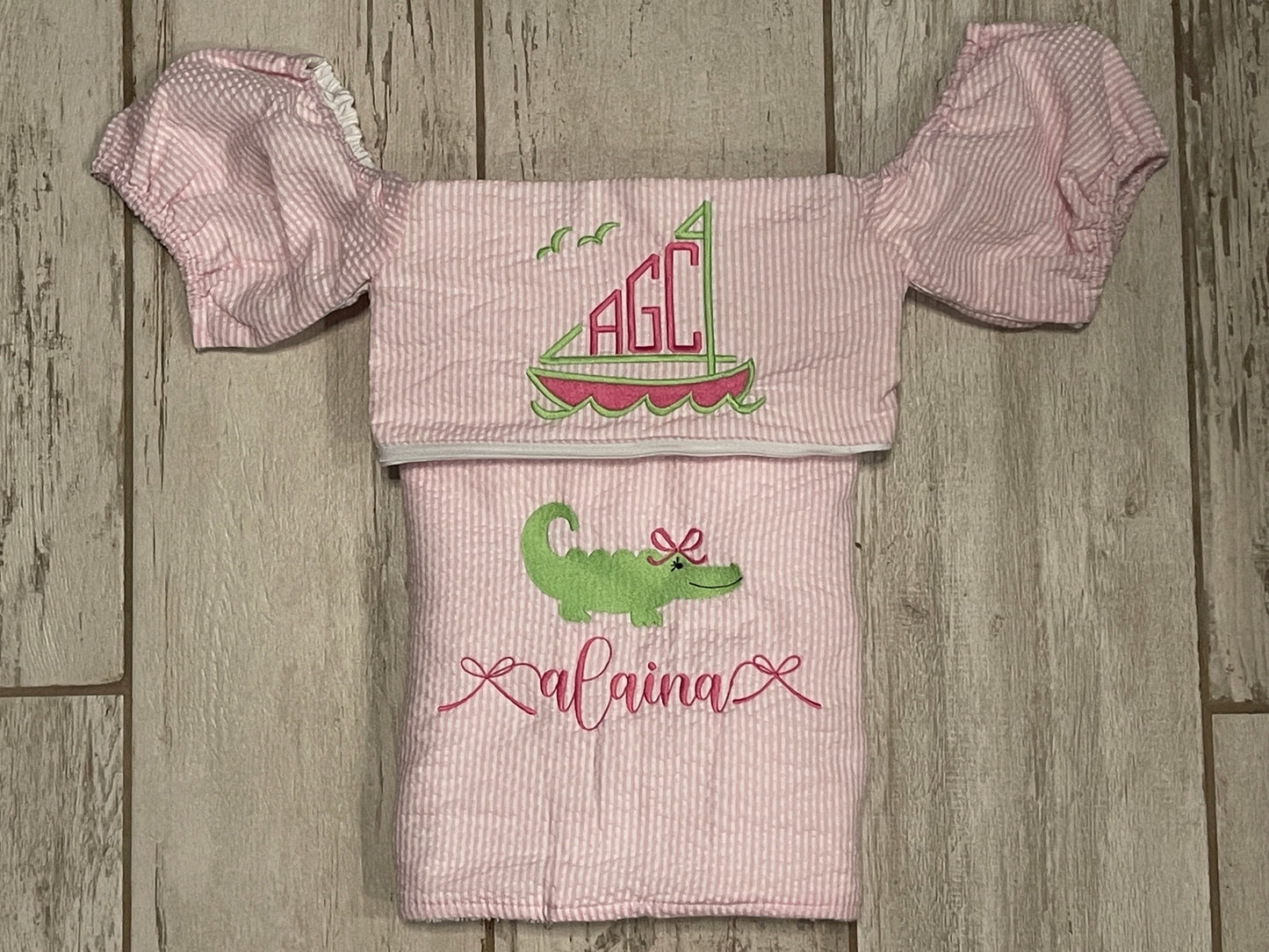 Custom Embroidered, Personalized, Monogrammed Seersucker Towel and Seersucker Puddle Jumper