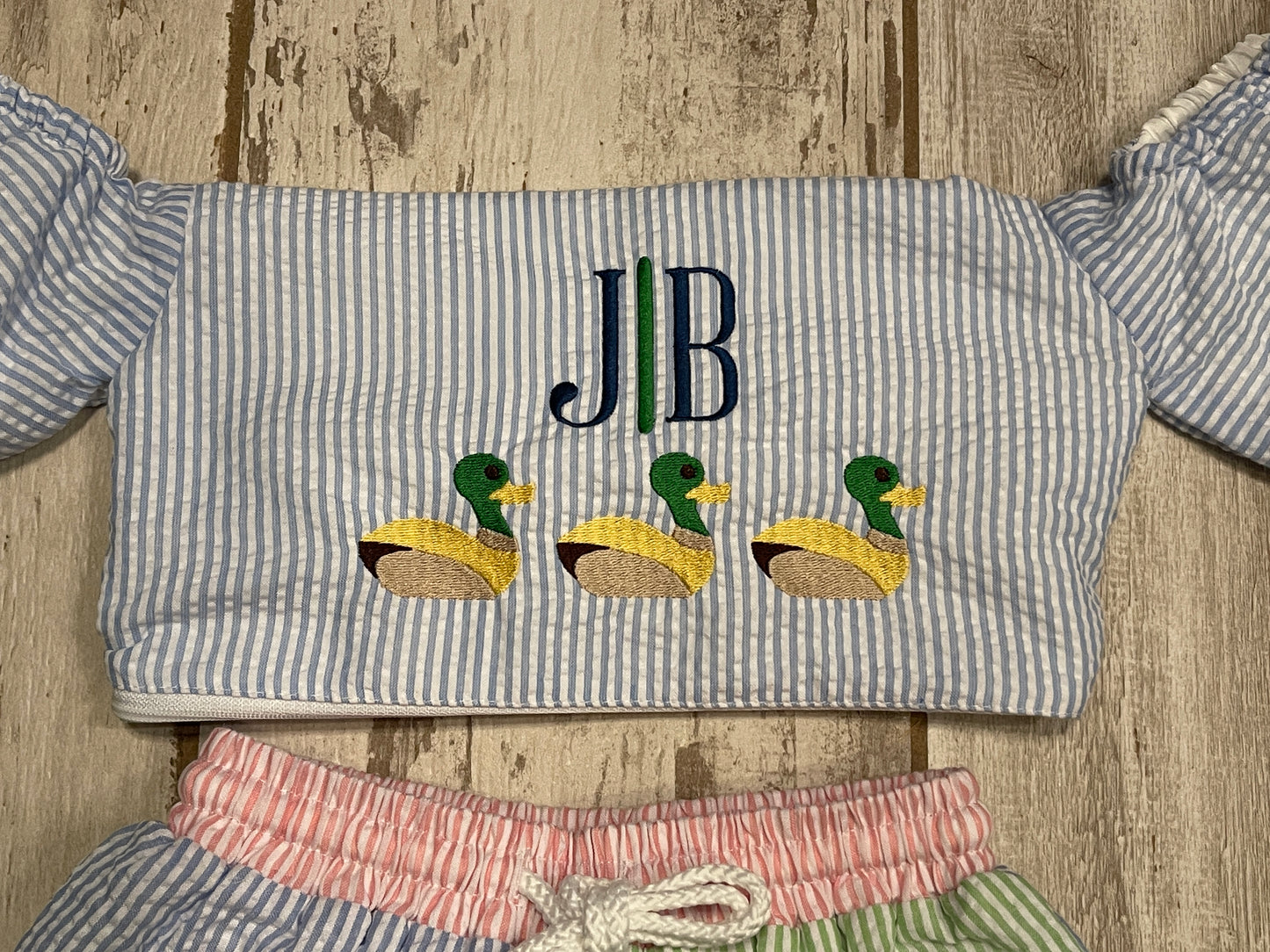 Custom Embroidered, Personalized, Monogrammed Seersucker Towel and Seersucker Puddle Jumper