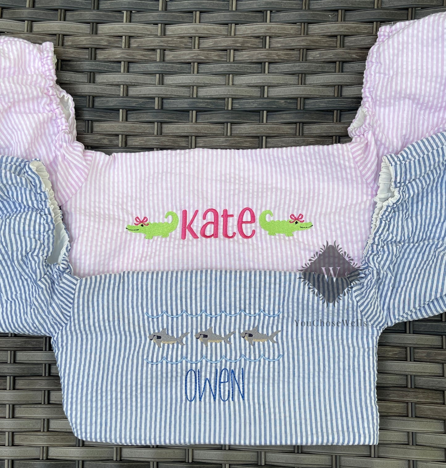 Custom Embroidered, Personalized, Monogrammed Seersucker Towel and Seersucker Puddle Jumper