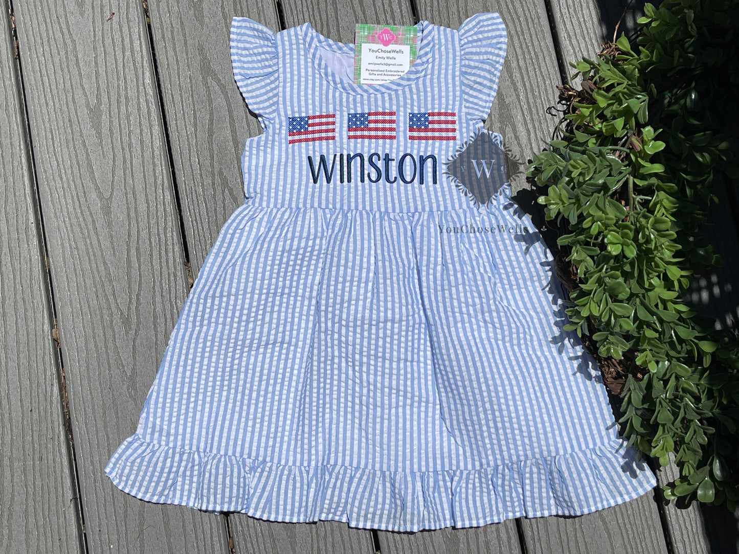 Custom, Embroidered, Monogrammed, Personalized American Flag Cross Stitch Trio Light Blue Seersucker Bubble, Jon Jon, Flutter Dress, Shirt and Short Set