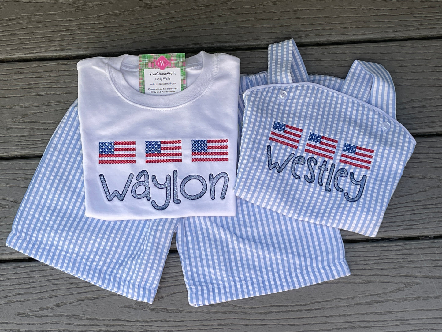 Custom, Embroidered, Monogrammed, Personalized American Flag Cross Stitch Trio Light Blue Seersucker Bubble, Jon Jon, Flutter Dress, Shirt and Short Set