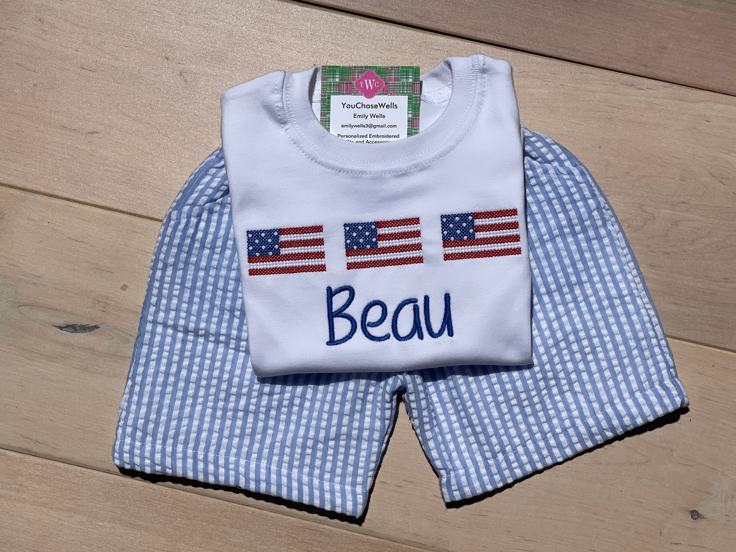 Custom, Embroidered, Monogrammed, Personalized American Flag Cross Stitch Trio Light Blue Seersucker Bubble, Jon Jon, Flutter Dress, Shirt and Short Set