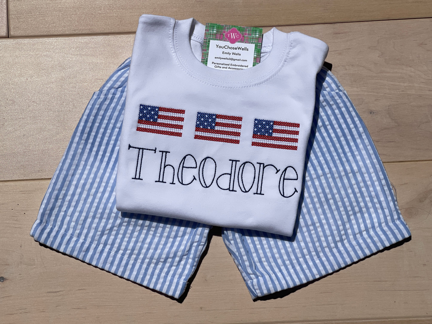 Custom, Embroidered, Monogrammed, Personalized American Flag Cross Stitch Trio Light Blue Seersucker Bubble, Jon Jon, Flutter Dress, Shirt and Short Set