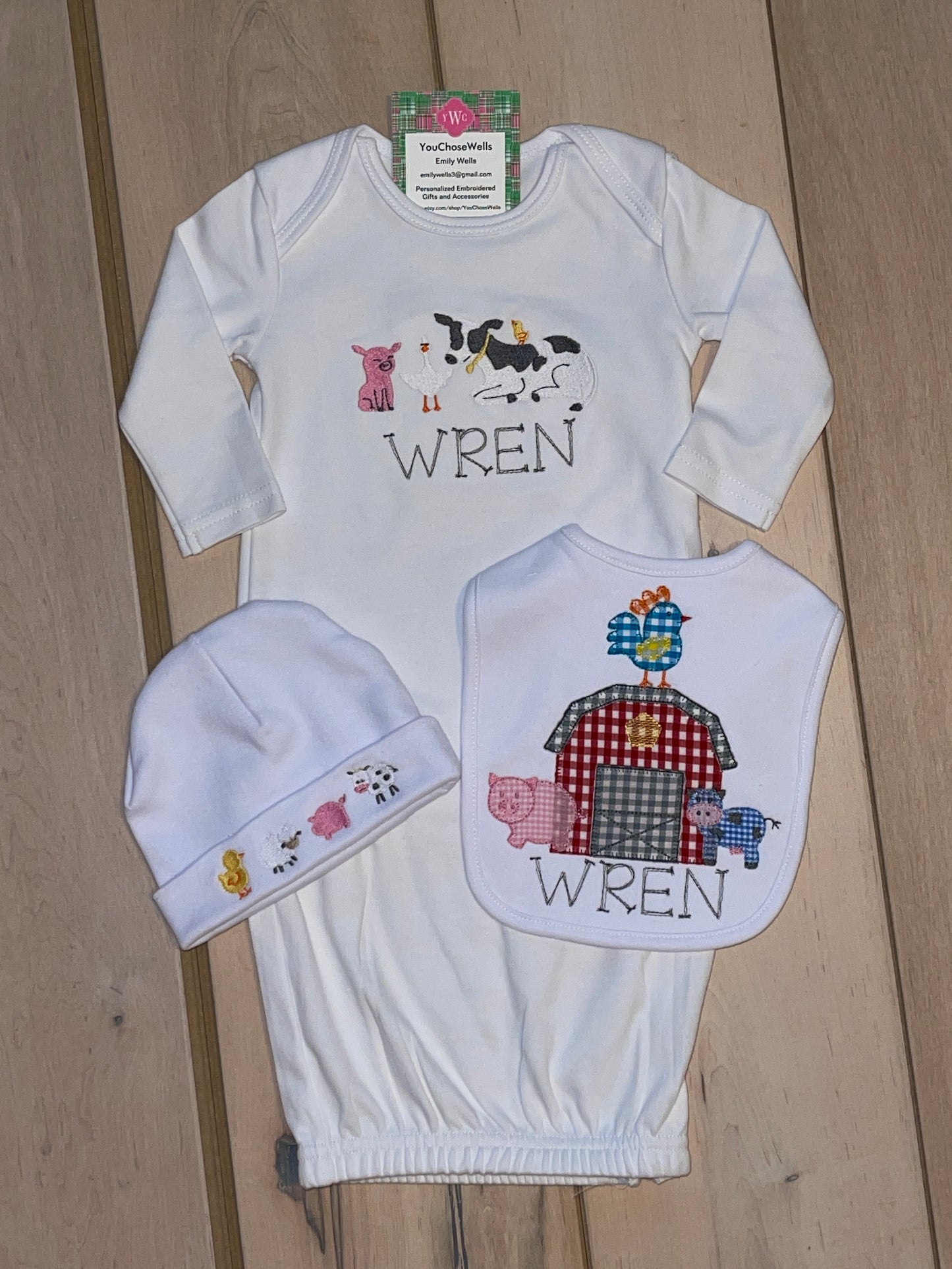 Custom Embroidered, Monogrammed, Personalized Farm Friends Gown, Bib, Hat and/or Blanket Set