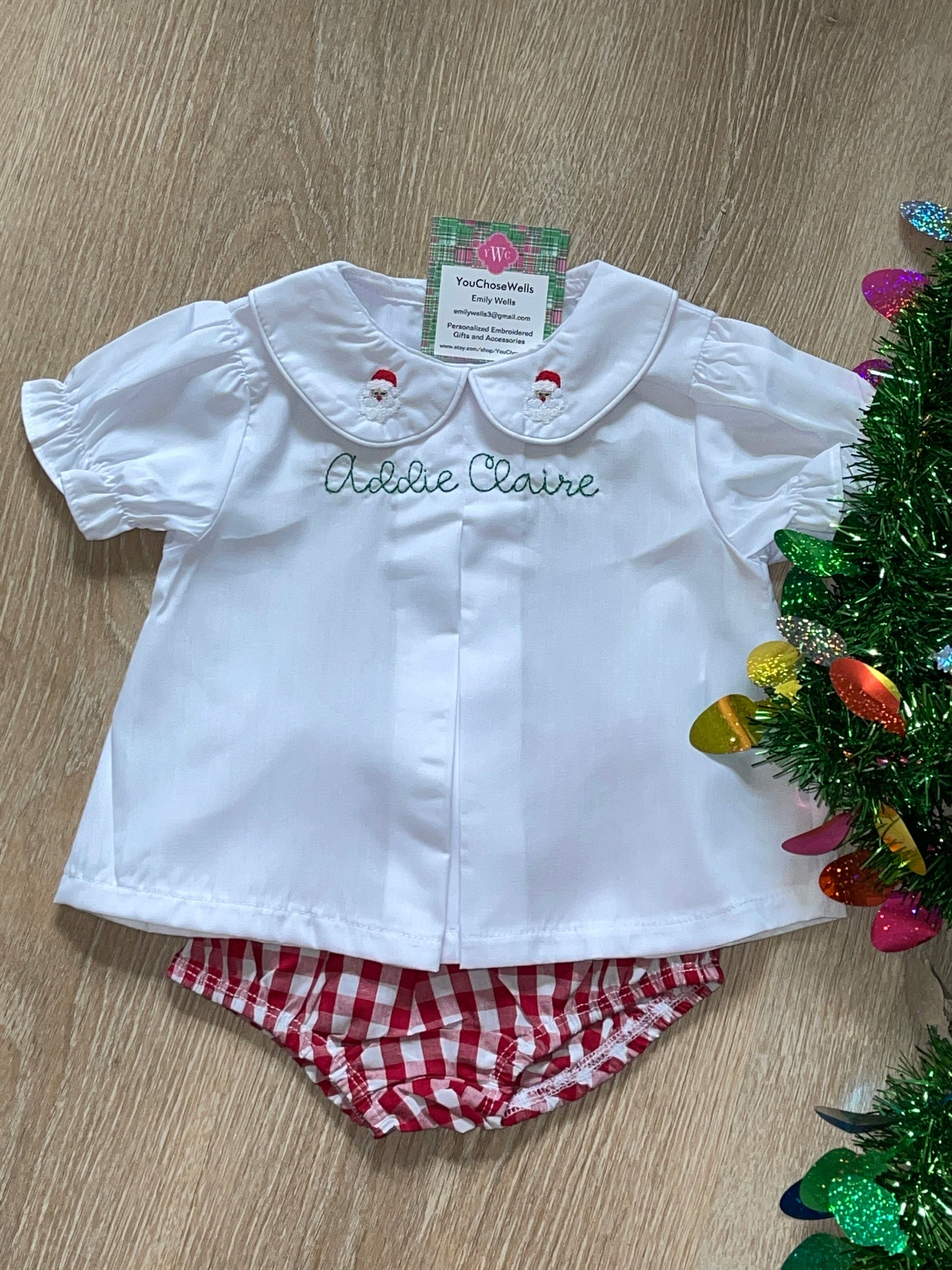 Custom Embroidered, Monogrammed, Personalized Chest, Christmas Mini Pleated Peter Pan Collar Shirt and Diaper Cover Set