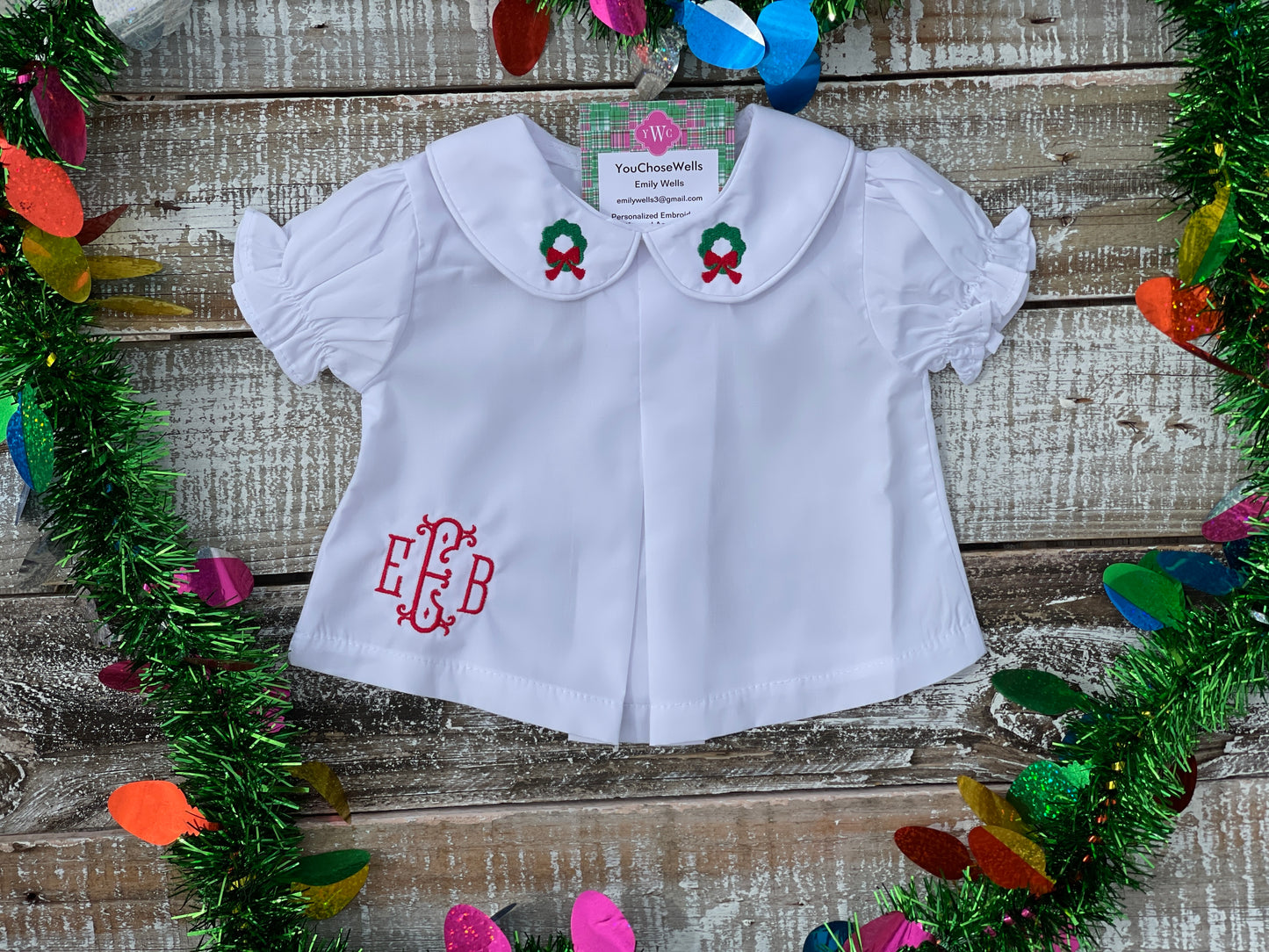 Custom Embroidered, Monogrammed, Personalized Hem, Christmas Mini Pleated Peter Pan Collar Shirt and Diaper Cover Set