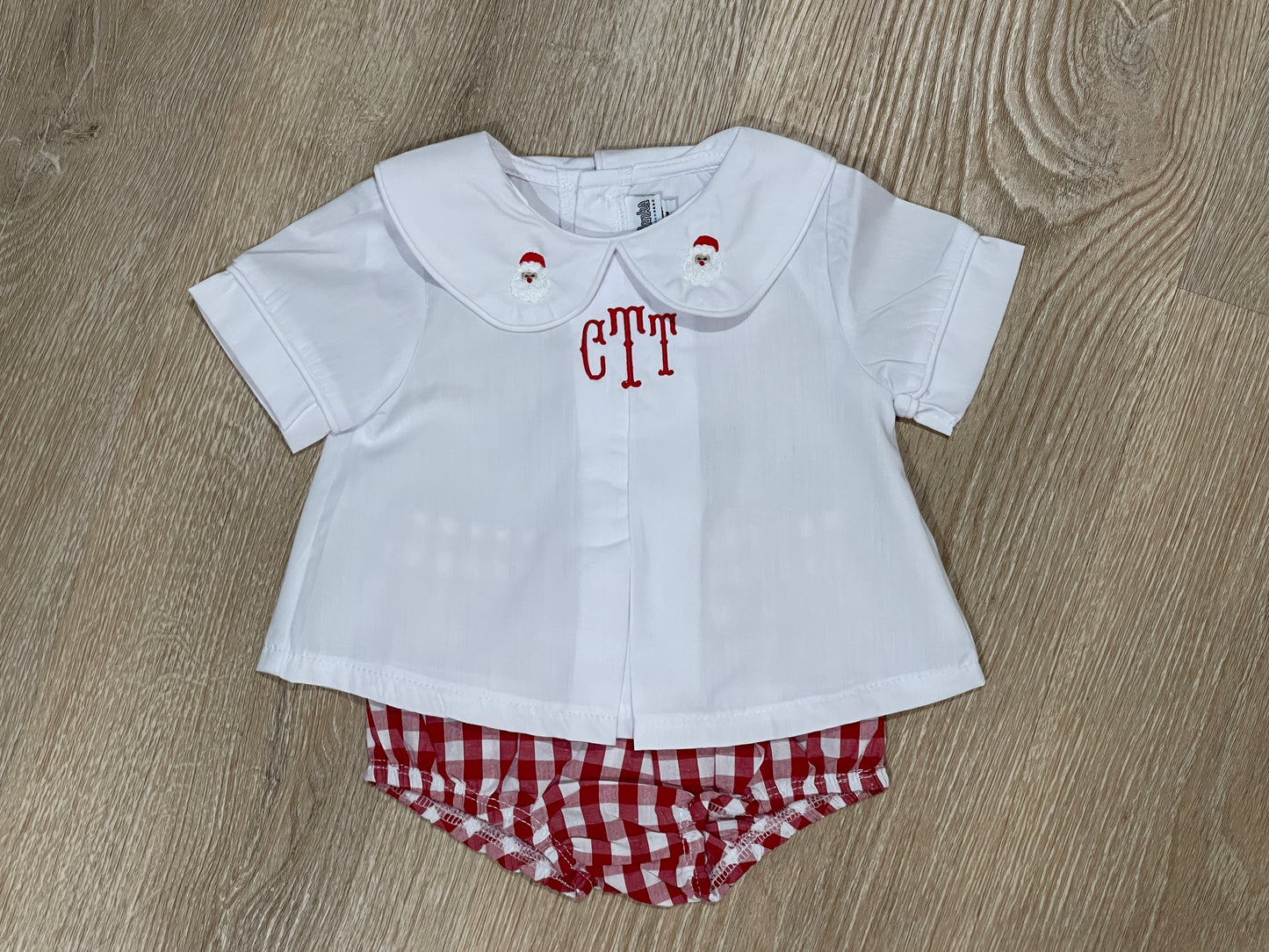 Custom Embroidered, Monogrammed, Personalized Chest, Christmas Mini Pleated Peter Pan Collar Shirt and Diaper Cover Set