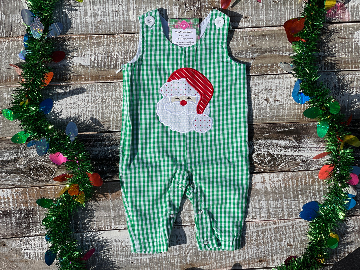 Custom Embroidered, Santa Applique Green Gingham Jumper Dress, Longall, Shirt, Shirt & Pant Set