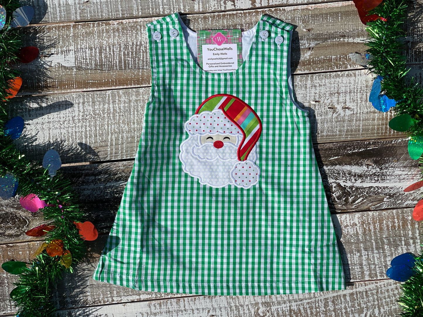 Custom Embroidered, Santa Applique Green Gingham Jumper Dress, Longall, Shirt, Shirt & Pant Set