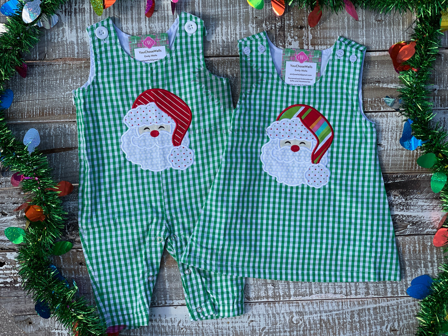 Custom Embroidered, Santa Applique Green Gingham Jumper Dress, Longall, Shirt, Shirt & Pant Set