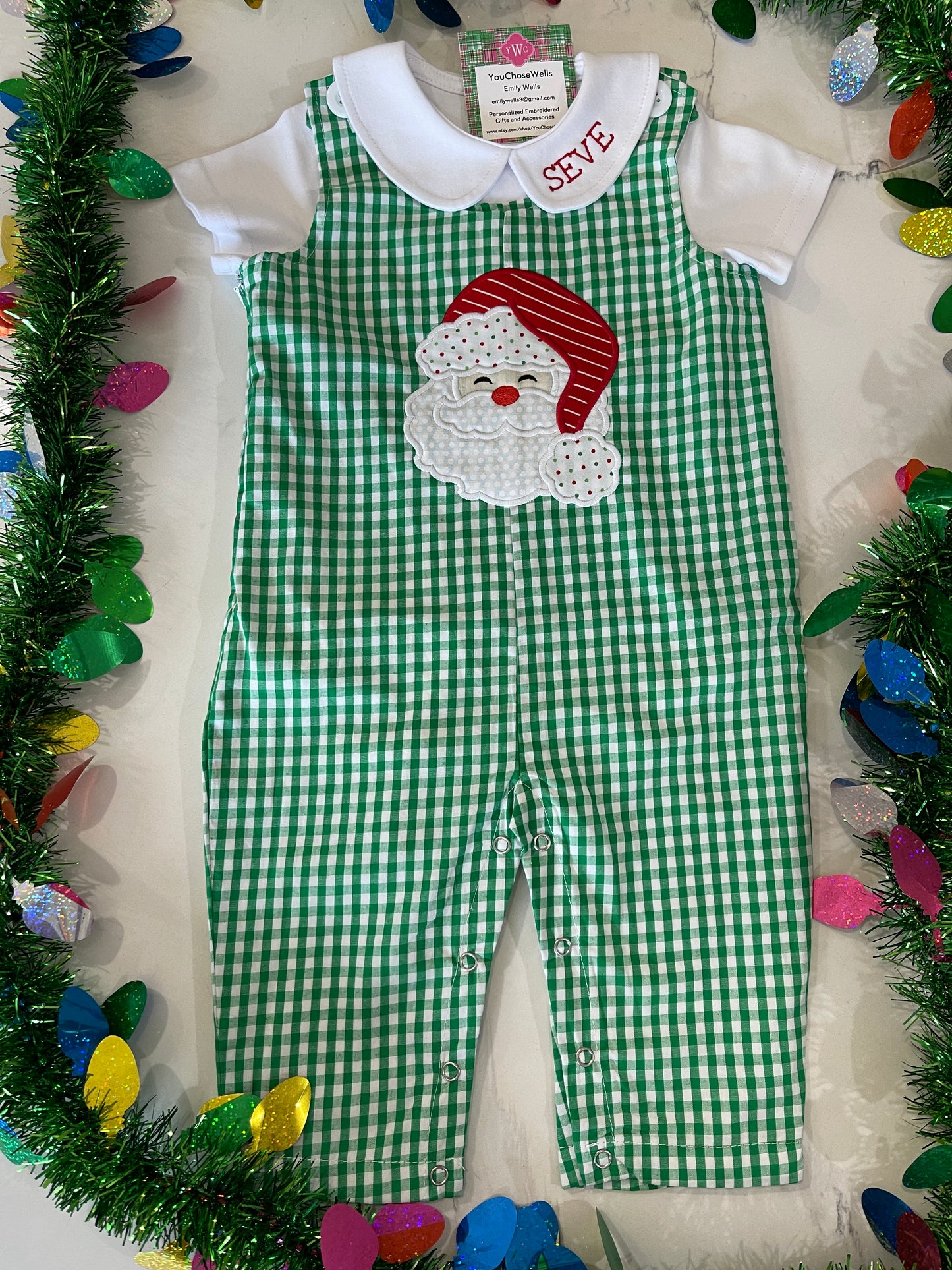 Custom Embroidered, Santa Applique Green Gingham Jumper Dress, Longall, Shirt, Shirt & Pant Set