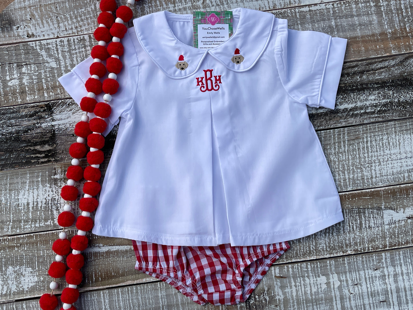 Custom Embroidered, Monogrammed, Personalized Chest, Christmas Mini Pleated Peter Pan Collar Shirt and Diaper Cover Set