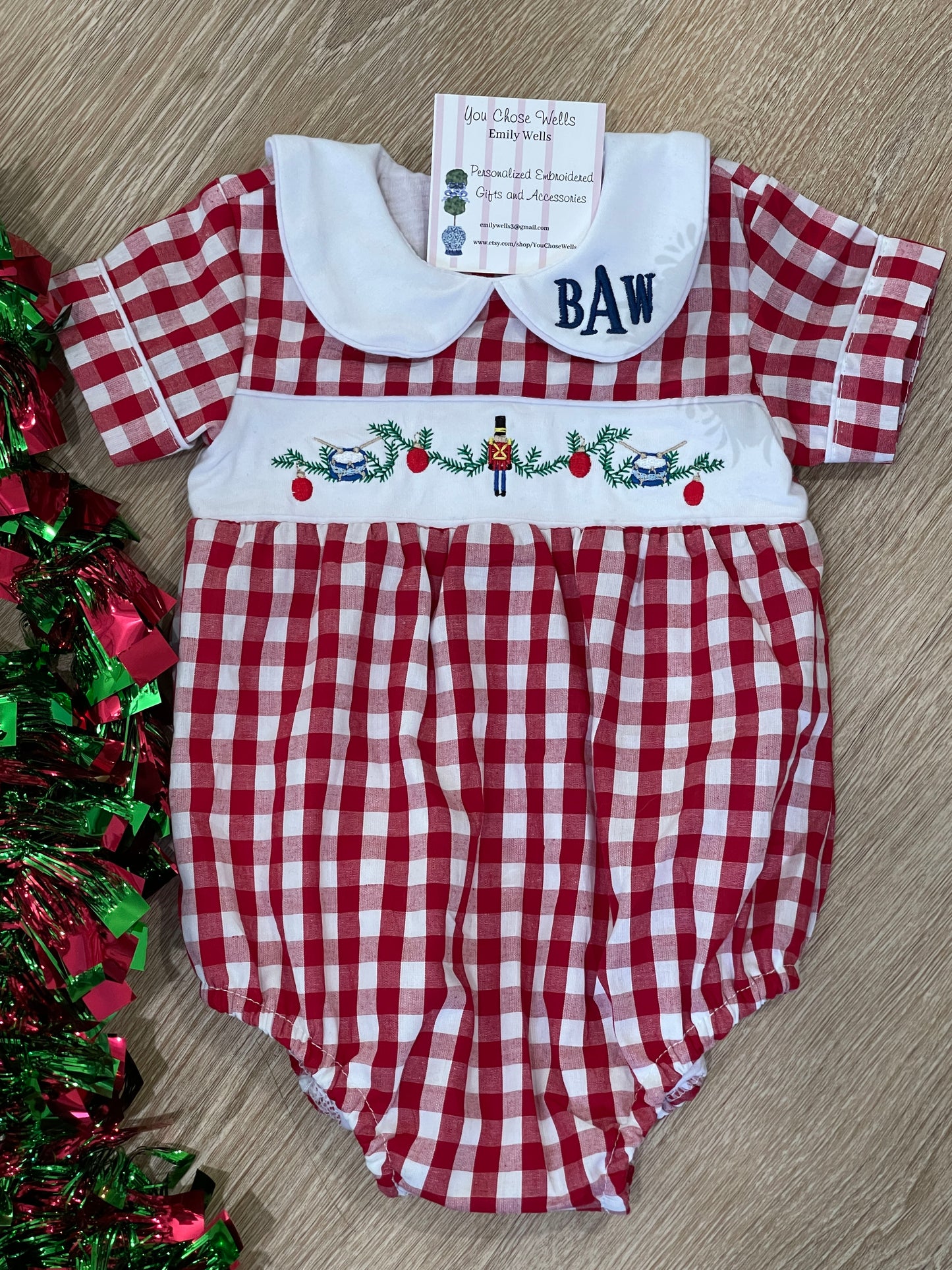 Custom Embroidered Faux Smocked Nutcracker Red Gingham Bubble