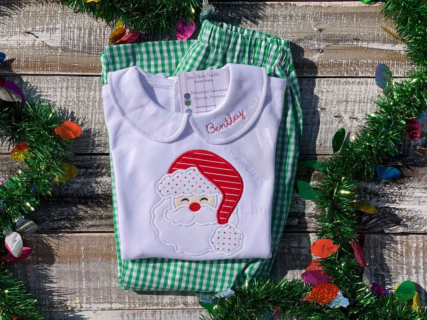 Custom Embroidered, Santa Applique Green Gingham Jumper Dress, Longall, Shirt, Shirt & Pant Set