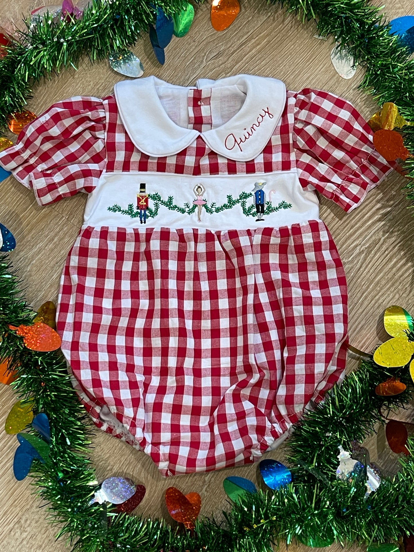 Custom Embroidered Faux Smocked Nutcracker Red Gingham Bubble