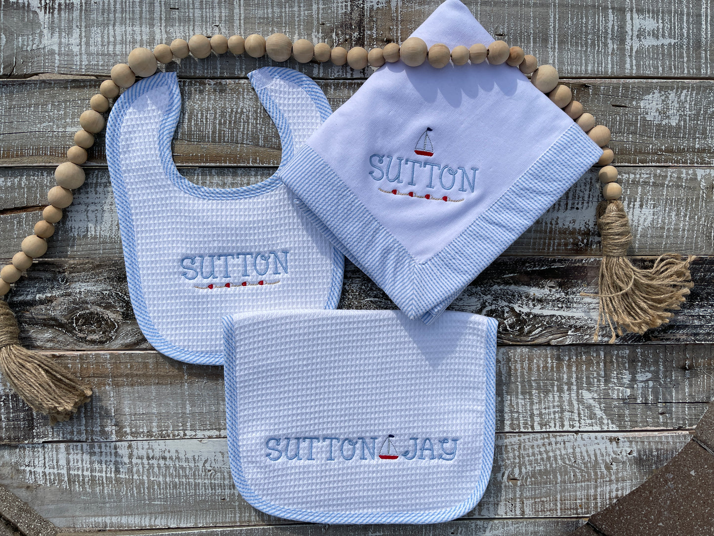Custom Embroidered, Personalized, Monogrammed Bib, Burp, and/or Blanket Set