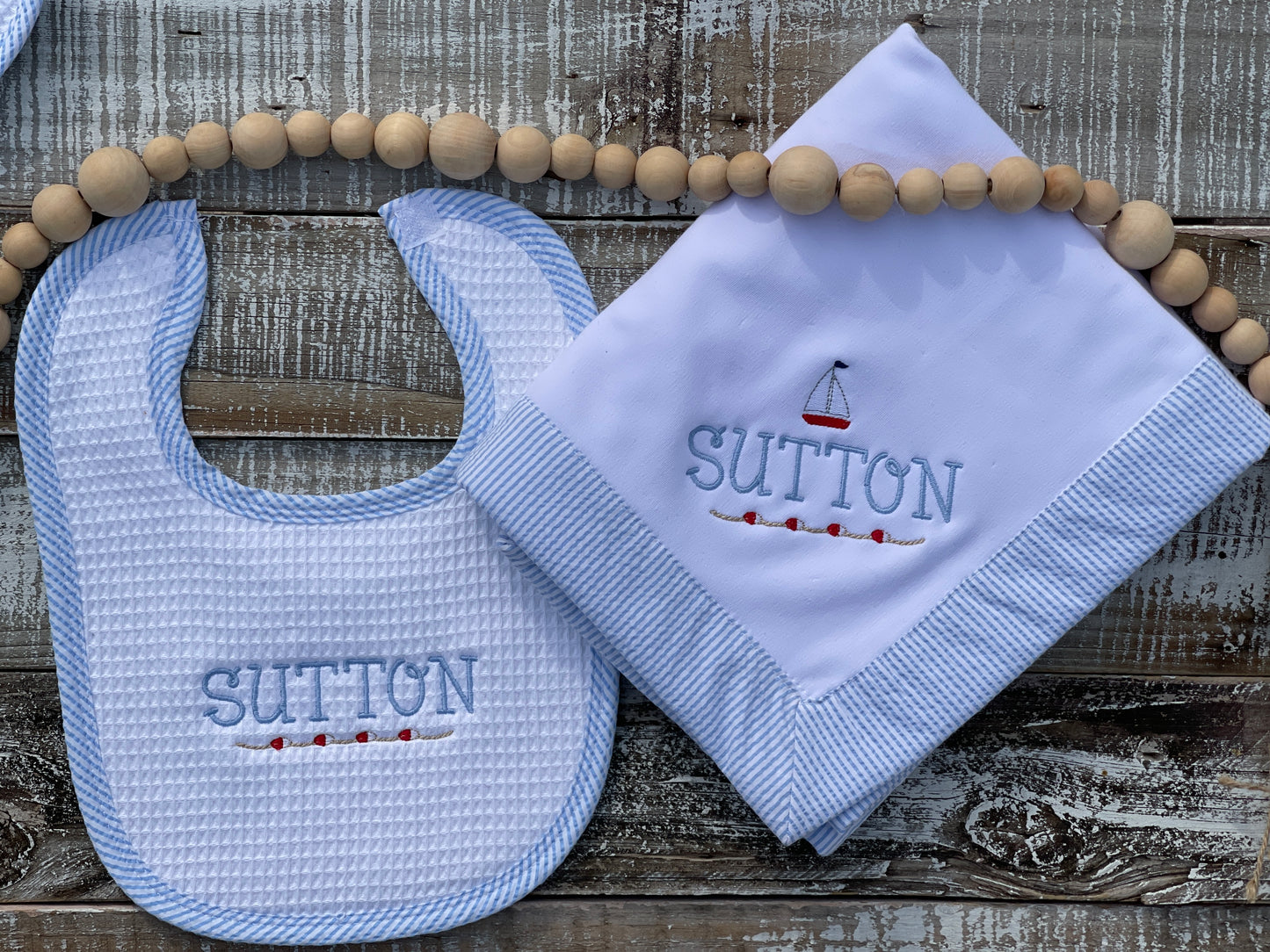 Custom Embroidered, Personalized, Monogrammed Bib, Burp, and/or Blanket Set