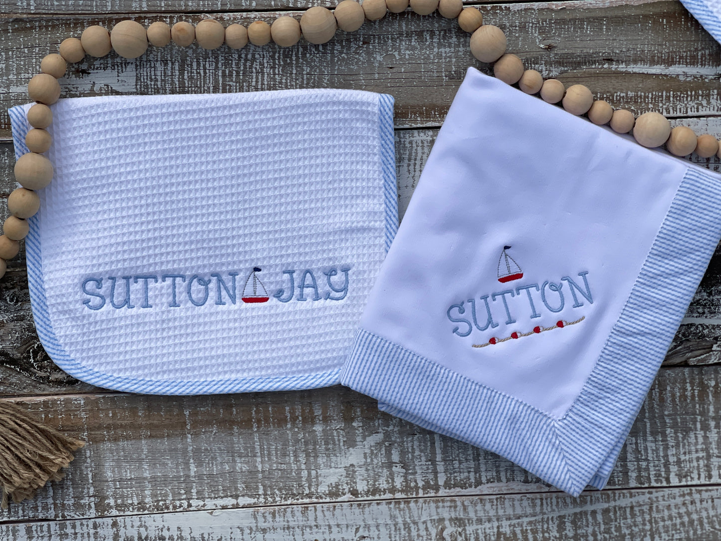 Custom Embroidered, Personalized, Monogrammed Bib, Burp, and/or Blanket Set