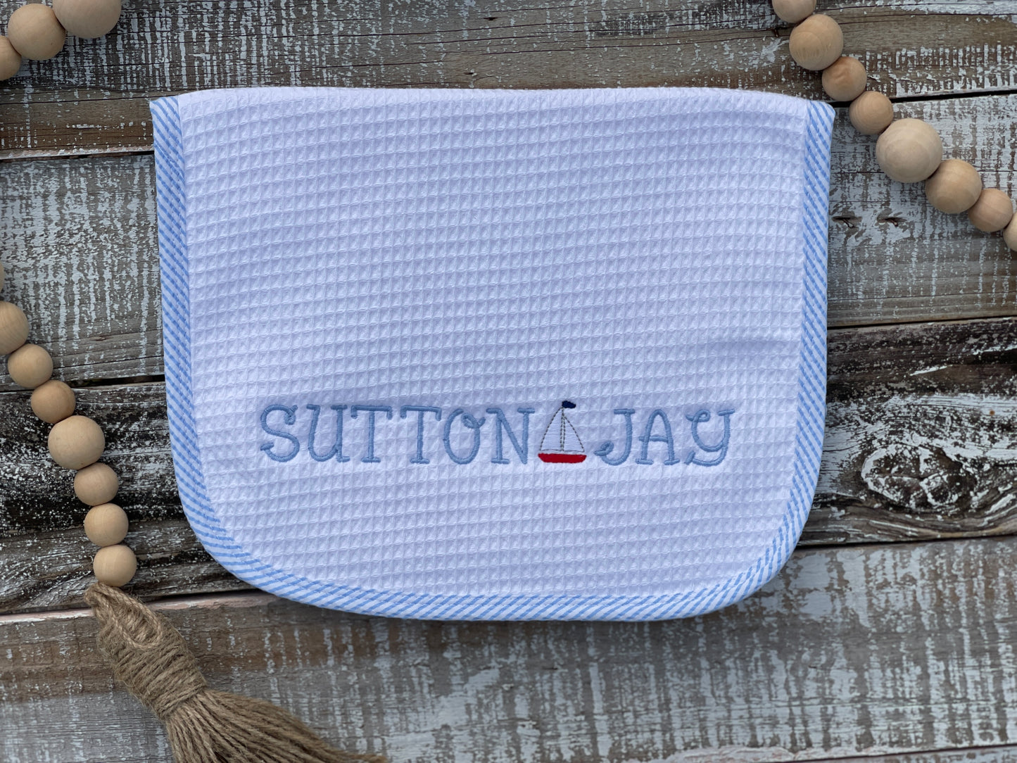 Custom Embroidered, Personalized, Monogrammed Bib, Burp, and/or Blanket Set