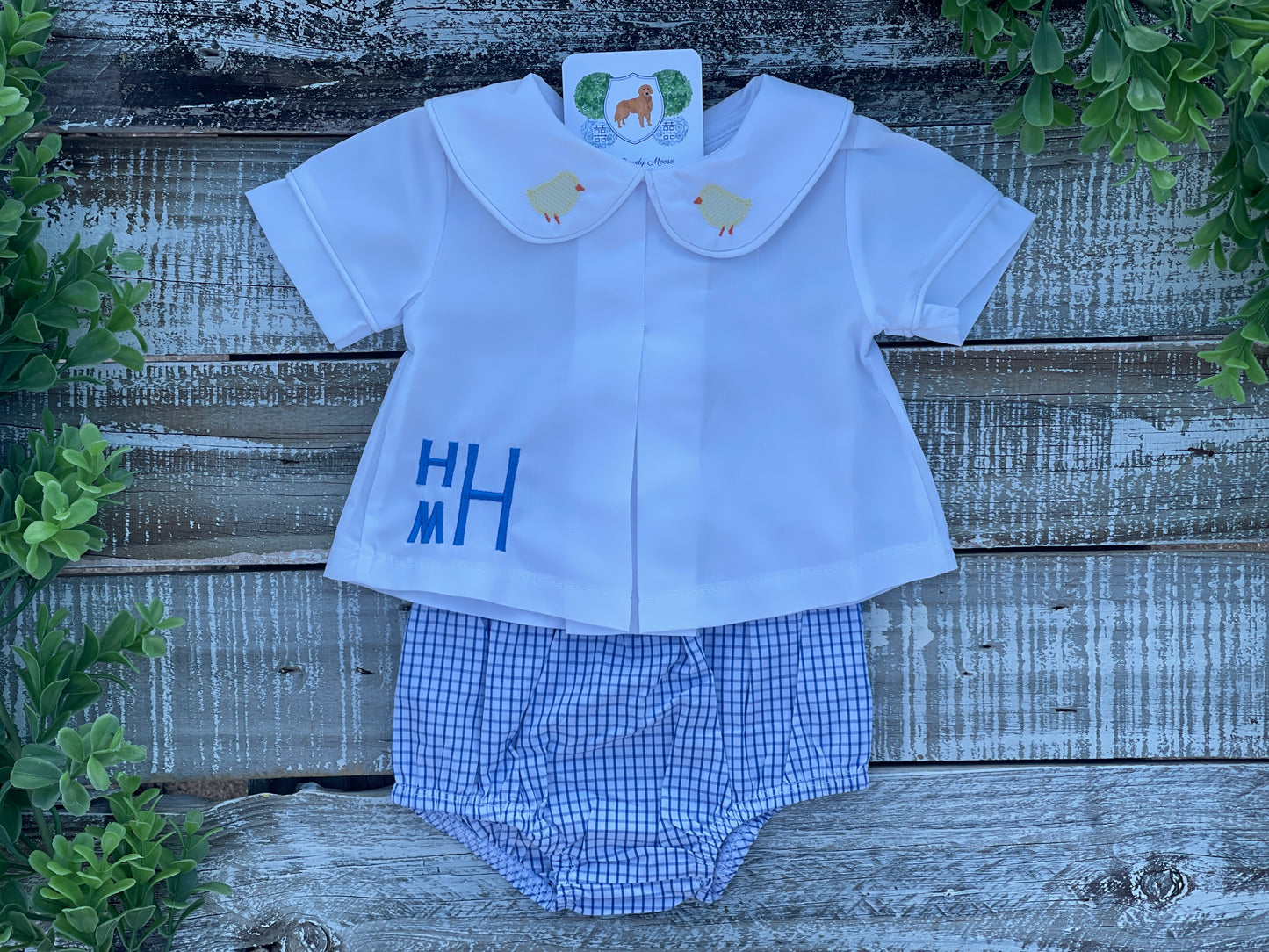 Custom Embroidered, Monogrammed, Personalized Spring Mini Pleated Peter Pan Collar Shirt and Diaper Cover Set