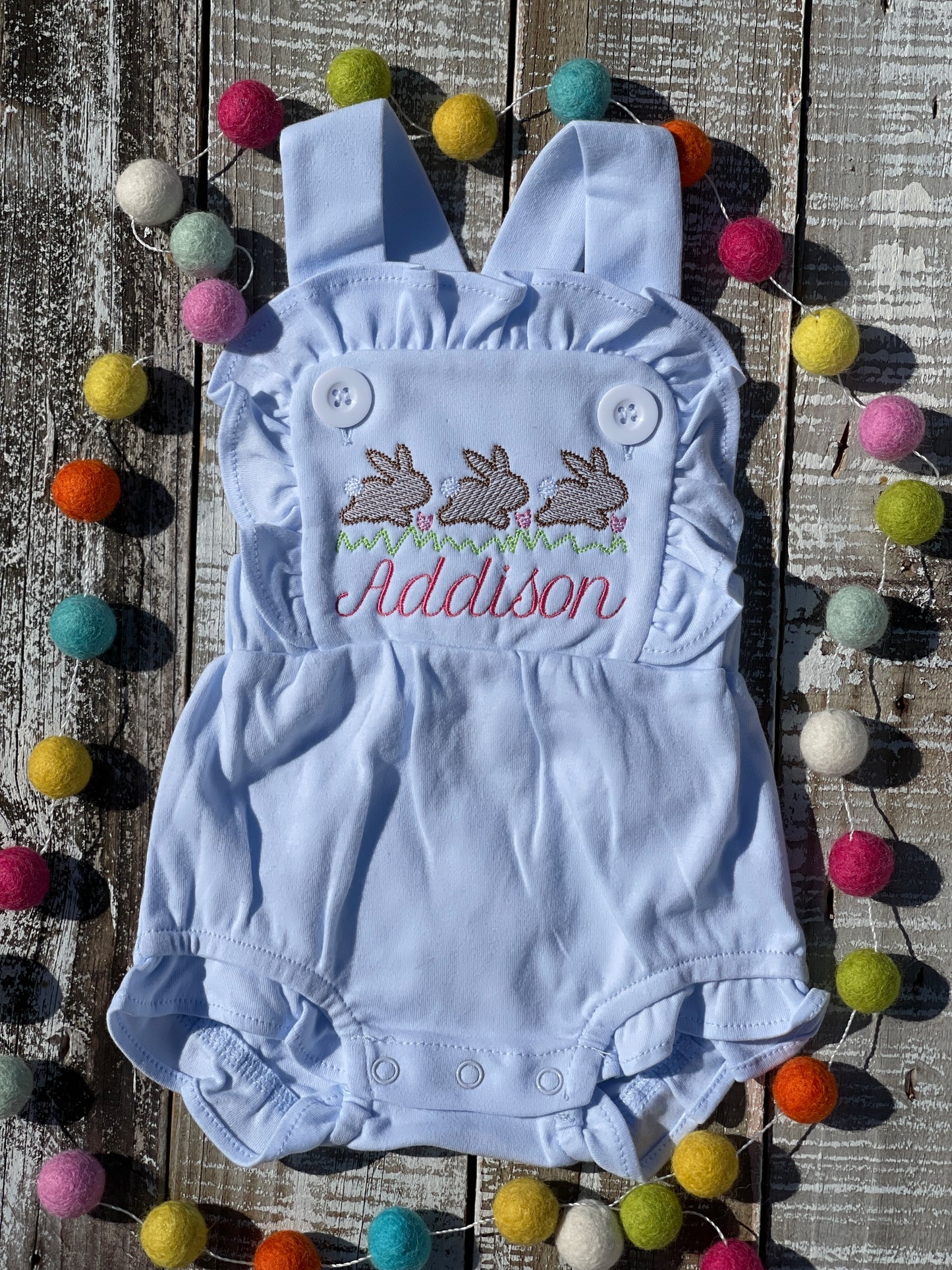 Custom Embroidered, Monogrammed, Personalized Bunny Running Trio Sketch Ruffle Pink, White, or Blue Bubble