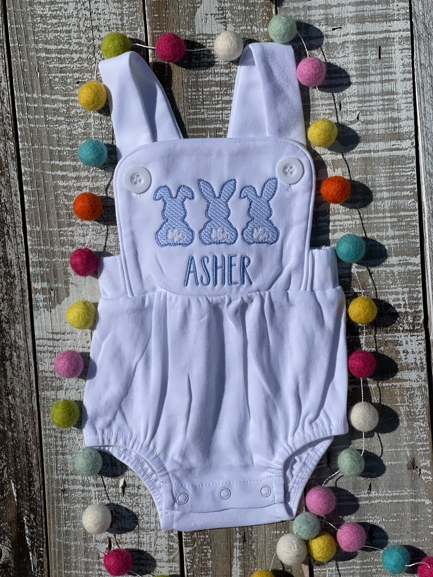 Custom Embroidered, Monogrammed, Personalized Bunny Trio Sketch Navy, White, or Blue Bubble