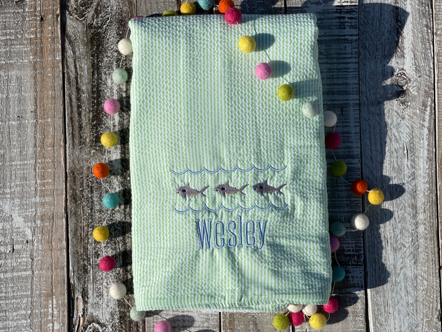 Custom Embroidered, Personalized, Monogrammed Seersucker Towel and Seersucker Puddle Jumper