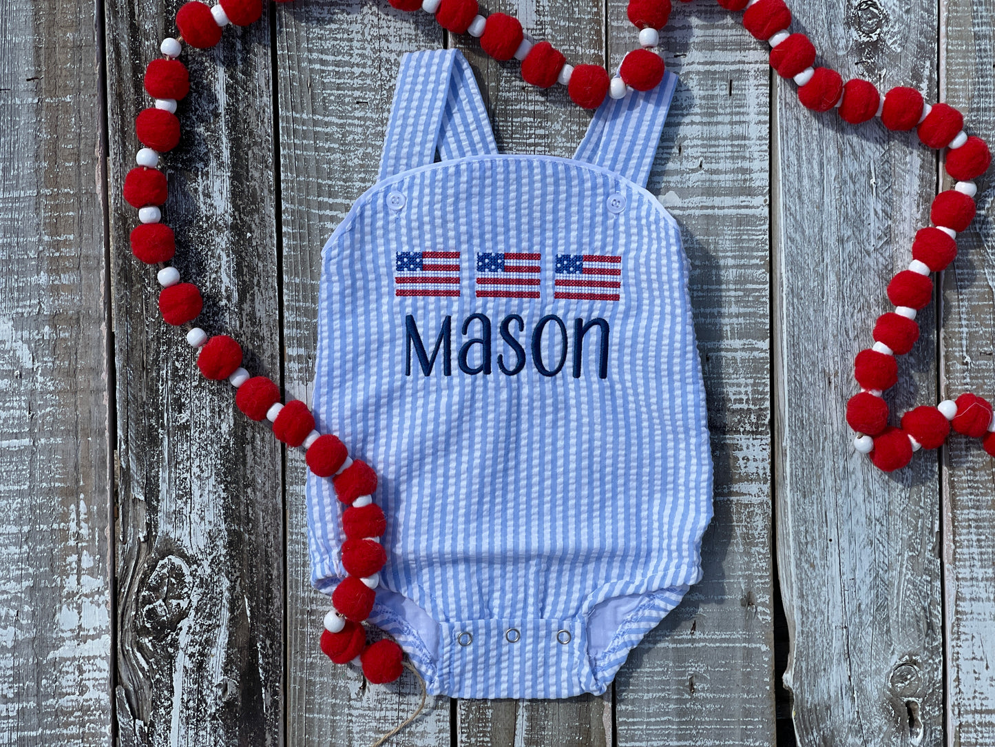 Custom, Embroidered, Monogrammed, Personalized American Flag Cross Stitch Trio Light Blue Seersucker Bubble, Jon Jon, Flutter Dress, Shirt and Short Set