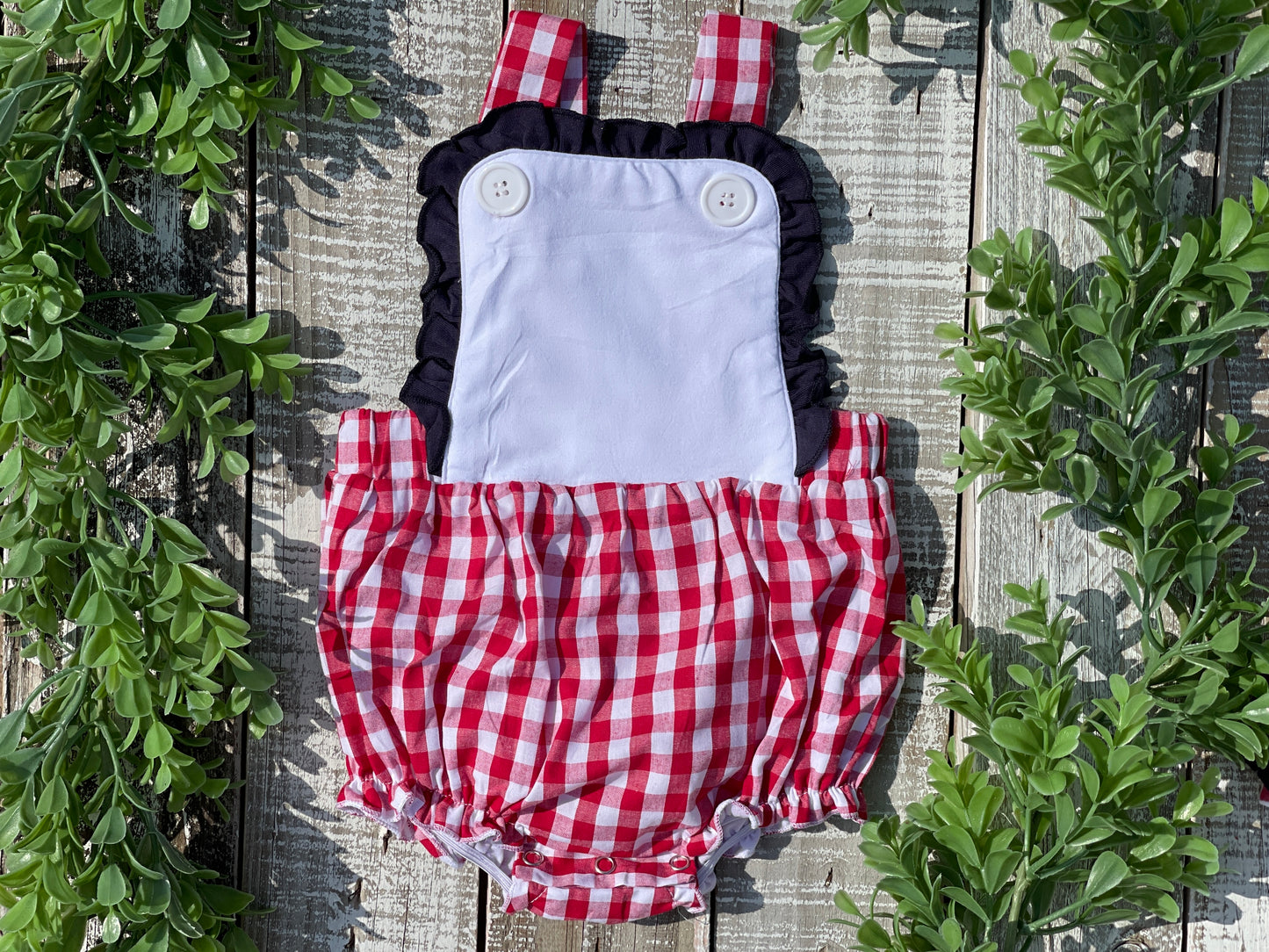 Custom Embroidered, Personalized, Monogrammed Red Gingham Ruffle Bubble, Jon Jon, Flutter Shirt Set, and Polo Shirt Set