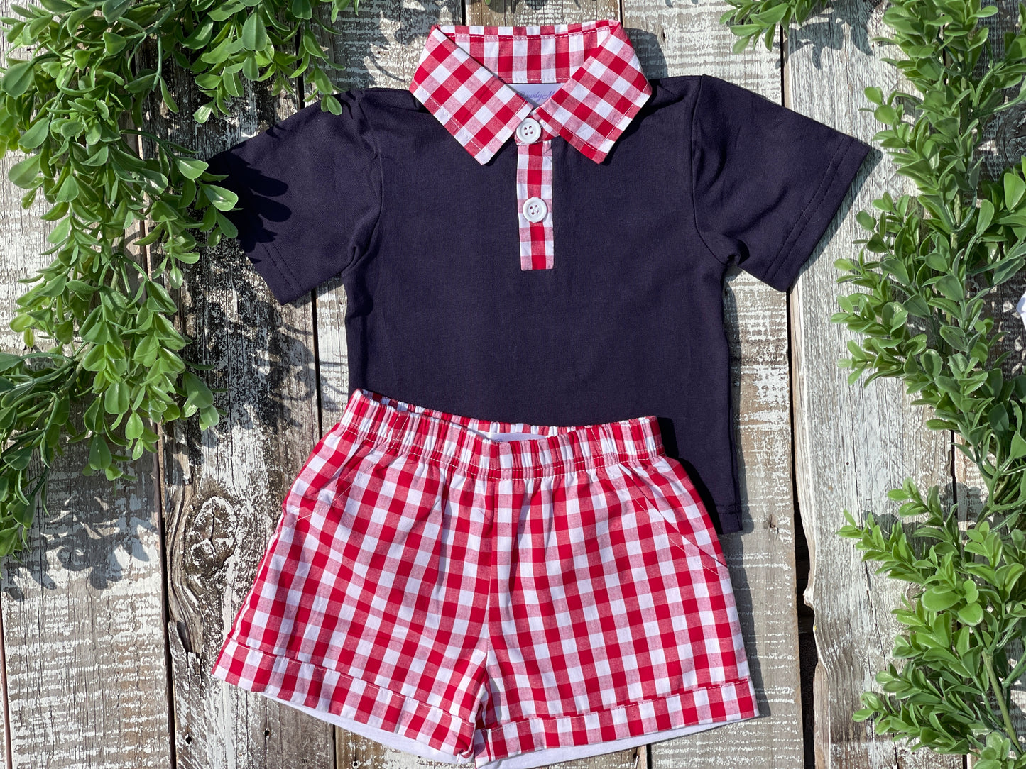 Custom Embroidered, Personalized, Monogrammed Red Gingham Ruffle Bubble, Jon Jon, Flutter Shirt Set, and Polo Shirt Set